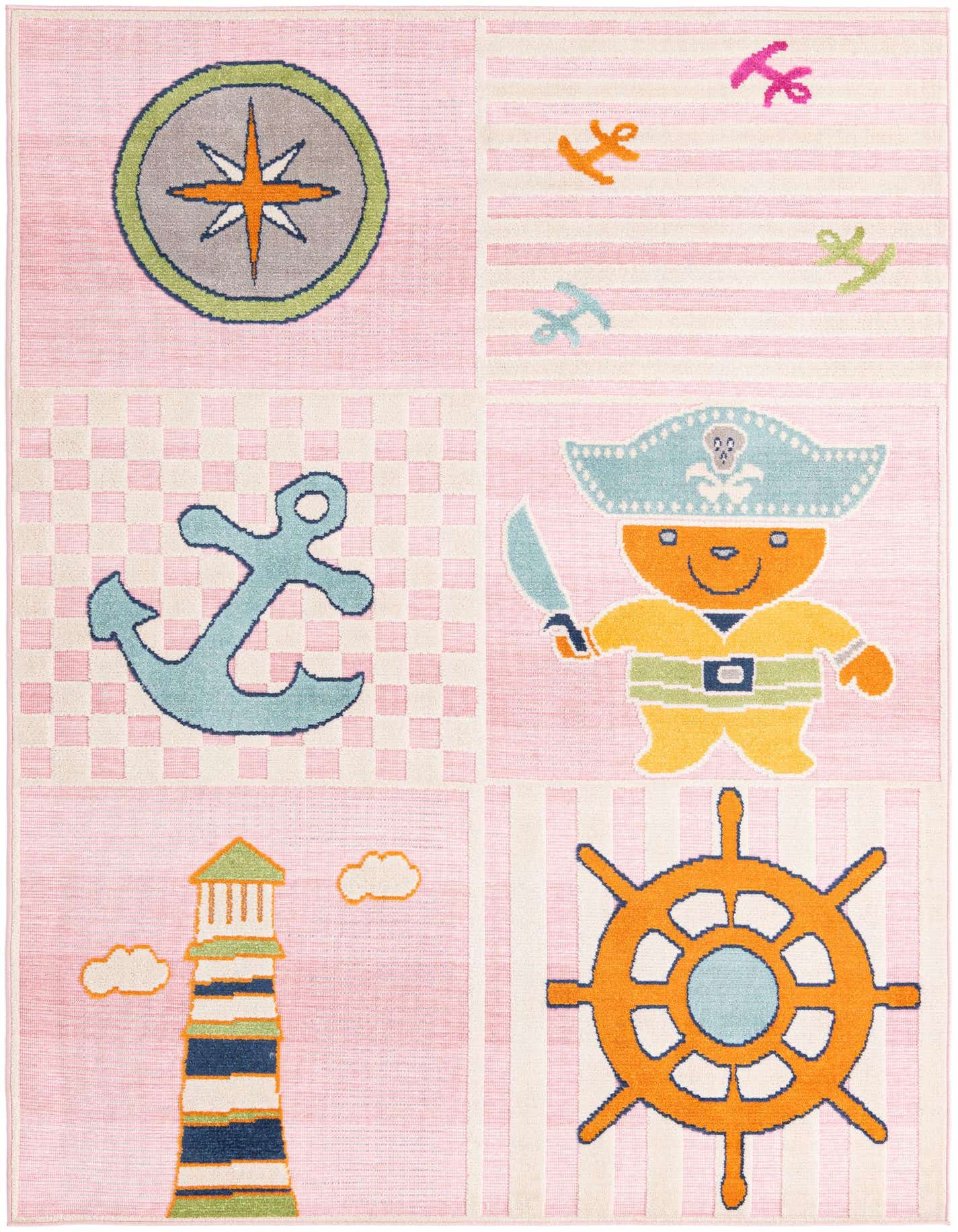 A 5x8 rectangular pink modern rug with nautical-themed blocks, including a compass, anchors, pirate bear, lighthouse, and ship's wheel.