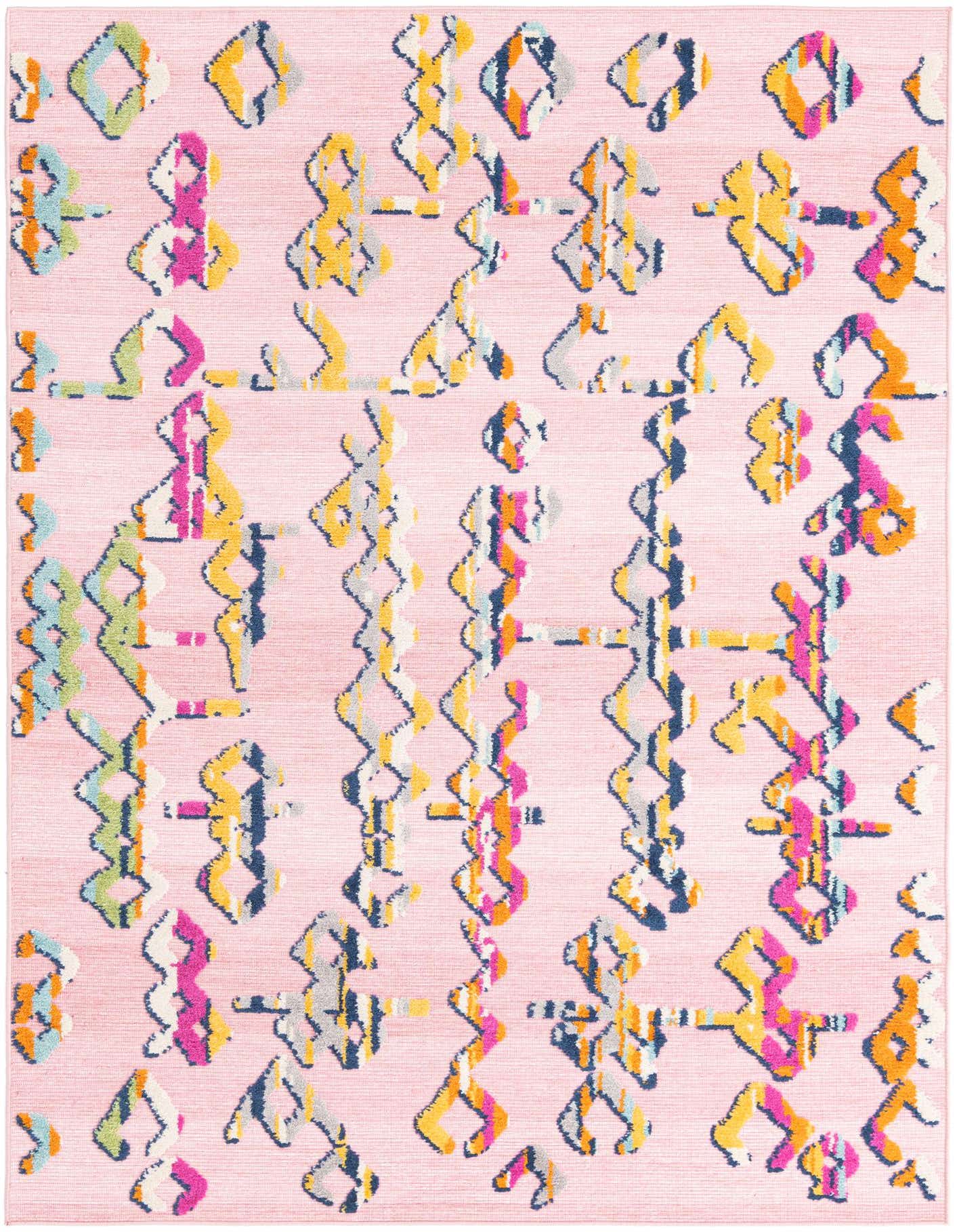 A 5x8 rectangular pink indoor/outdoor rug with a modern, colorful abstract pattern in yellow, blue, orange, and fuchsia.