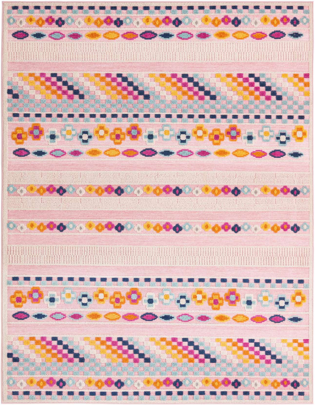 A 5x8 rectangular pink modern flatweave rug with colorful geometric and floral patterns in blue, yellow, orange, and fuchsia.