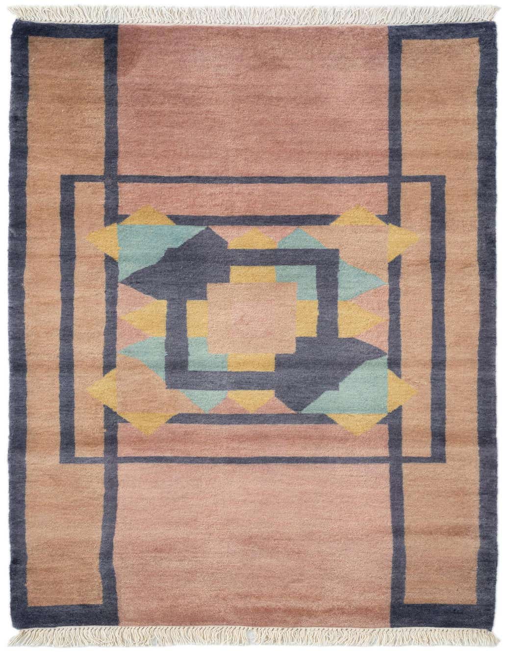 A 4x6 rectangular wool rug featuring a modern abstract design with a pink field, navy border, and geometric shapes in yellow, blue, and light pink.