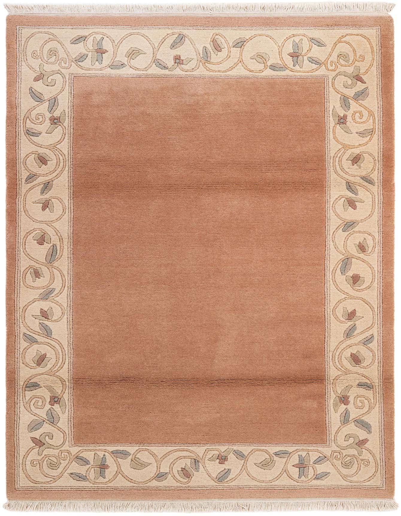 A 4x6 rectangular pink wool rug with a cream border featuring an elegant floral and vine pattern in subtle green, blue, and brown tones.