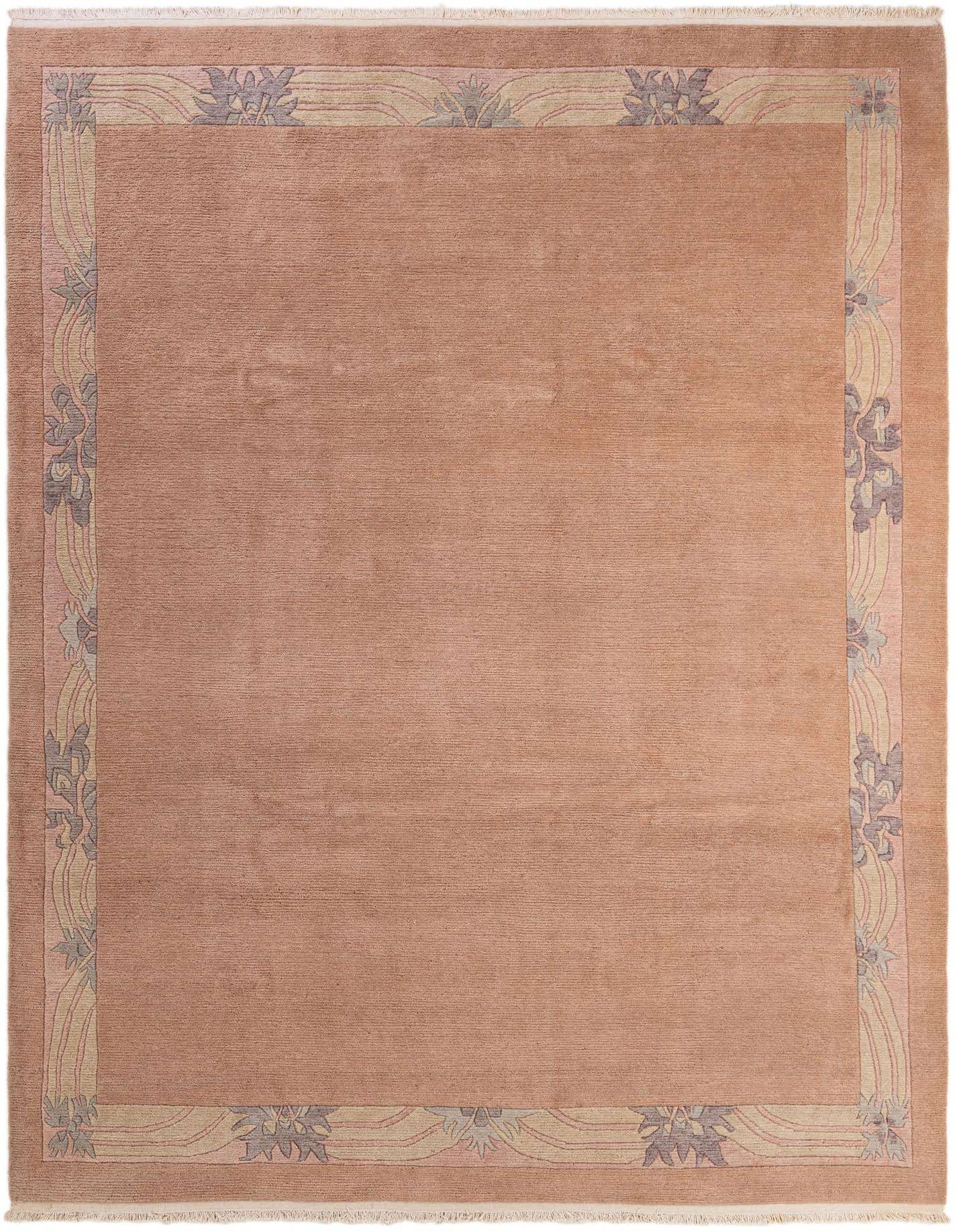 A rectangular 8x11 pink wool area rug with a modern oriental border pattern in muted blues, greens, and creams.