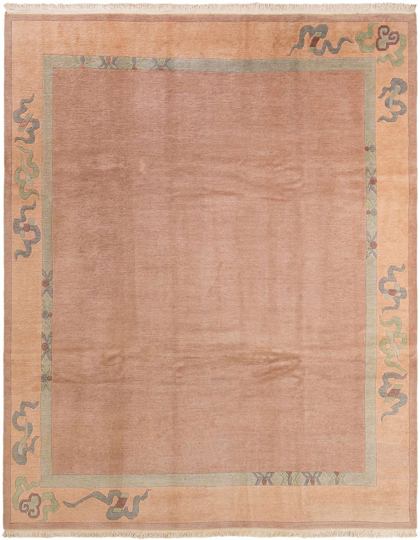 A rectangular 8x11 pink wool rug with a modern oriental abstract border in muted green and blue tones.