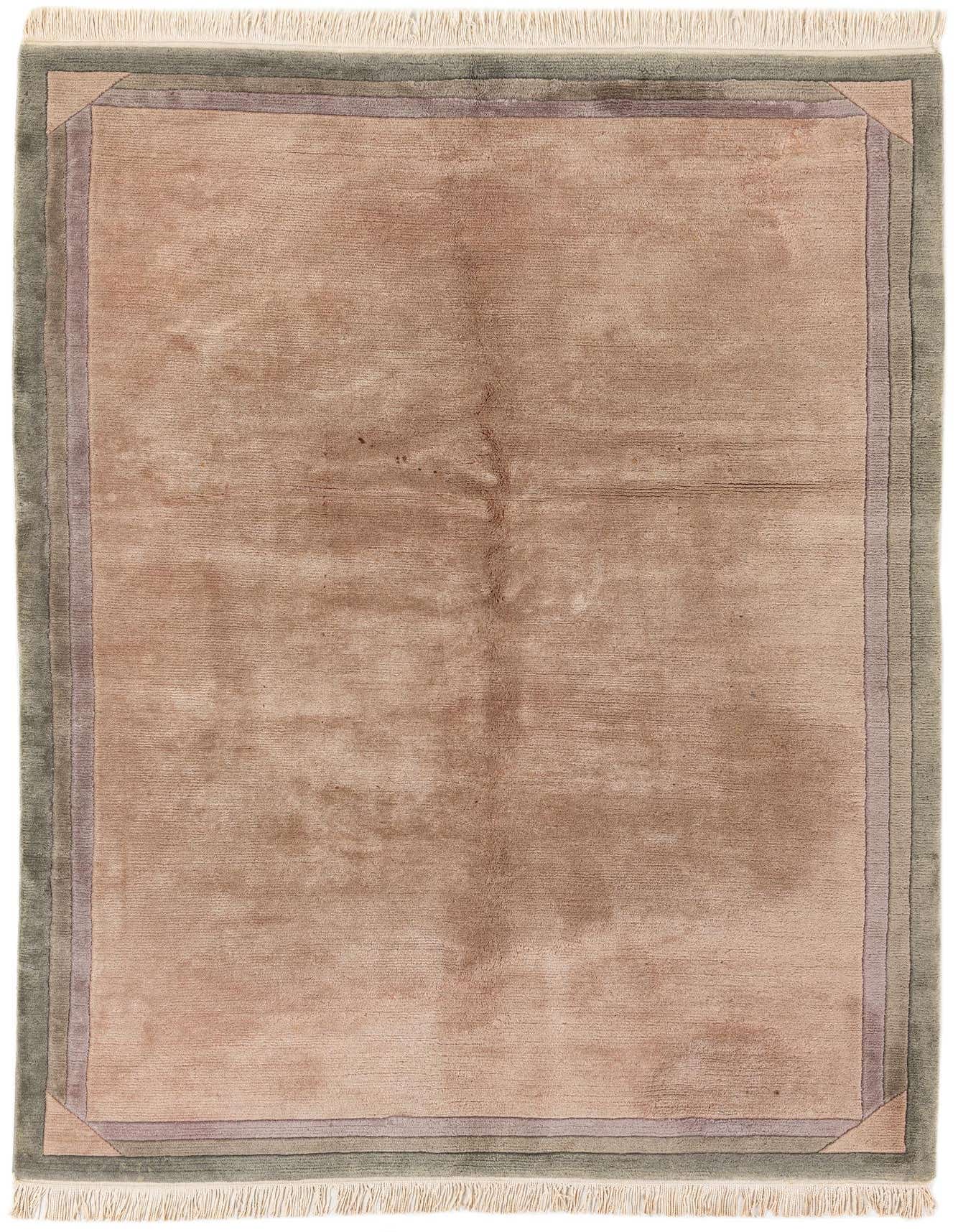 A 5x8 rectangular modern oriental rug in shades of pink, featuring a subtle border, made of wool.