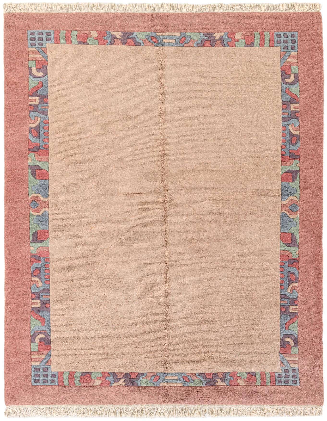 A 5x8 rectangular pink wool rug with a modern Oriental border in muted blues, greens, and reds.
