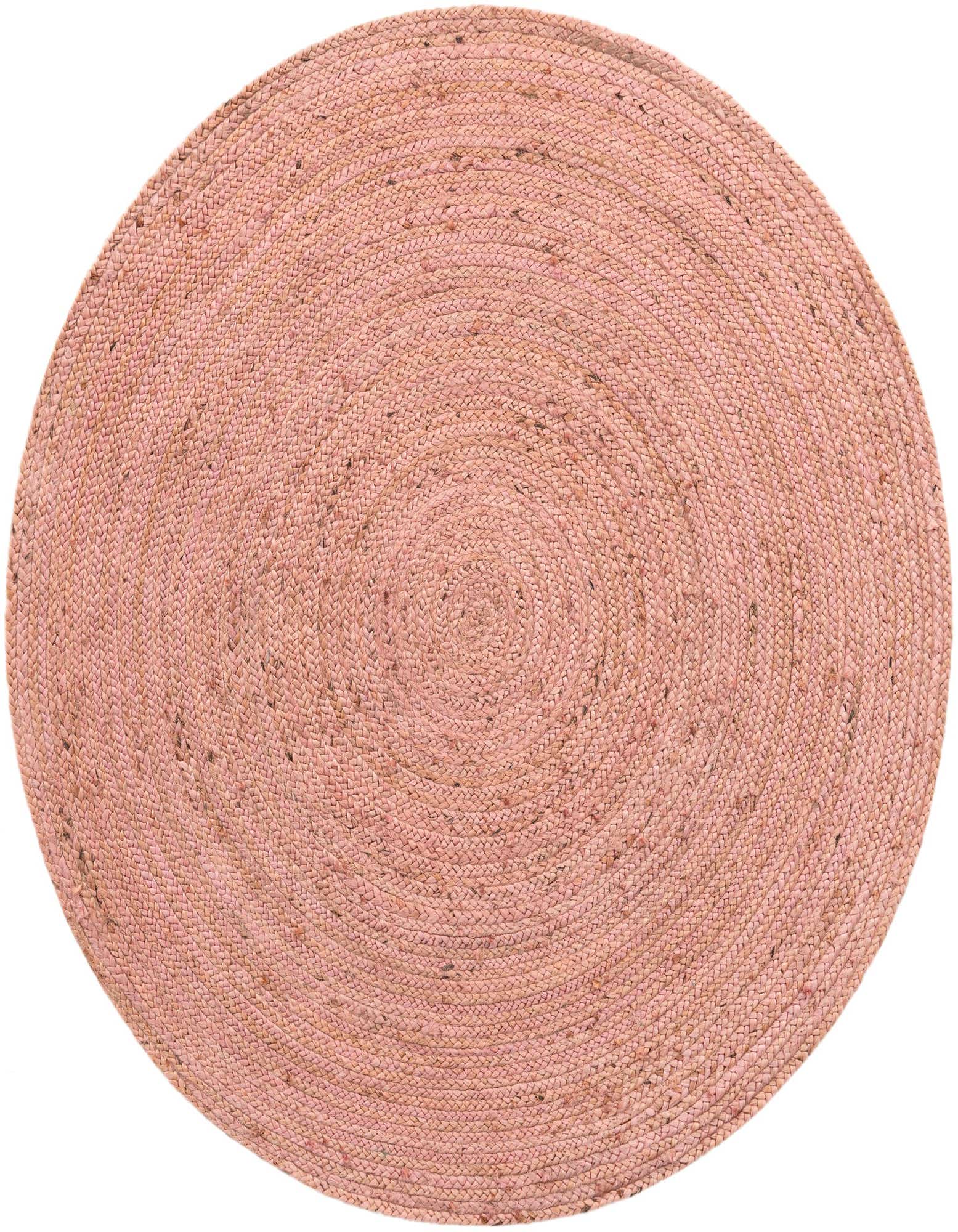 A 5' 1 round pink braided jute rug with a textured, flatweave surface, ideal for a minimalist or coastal indoor space.