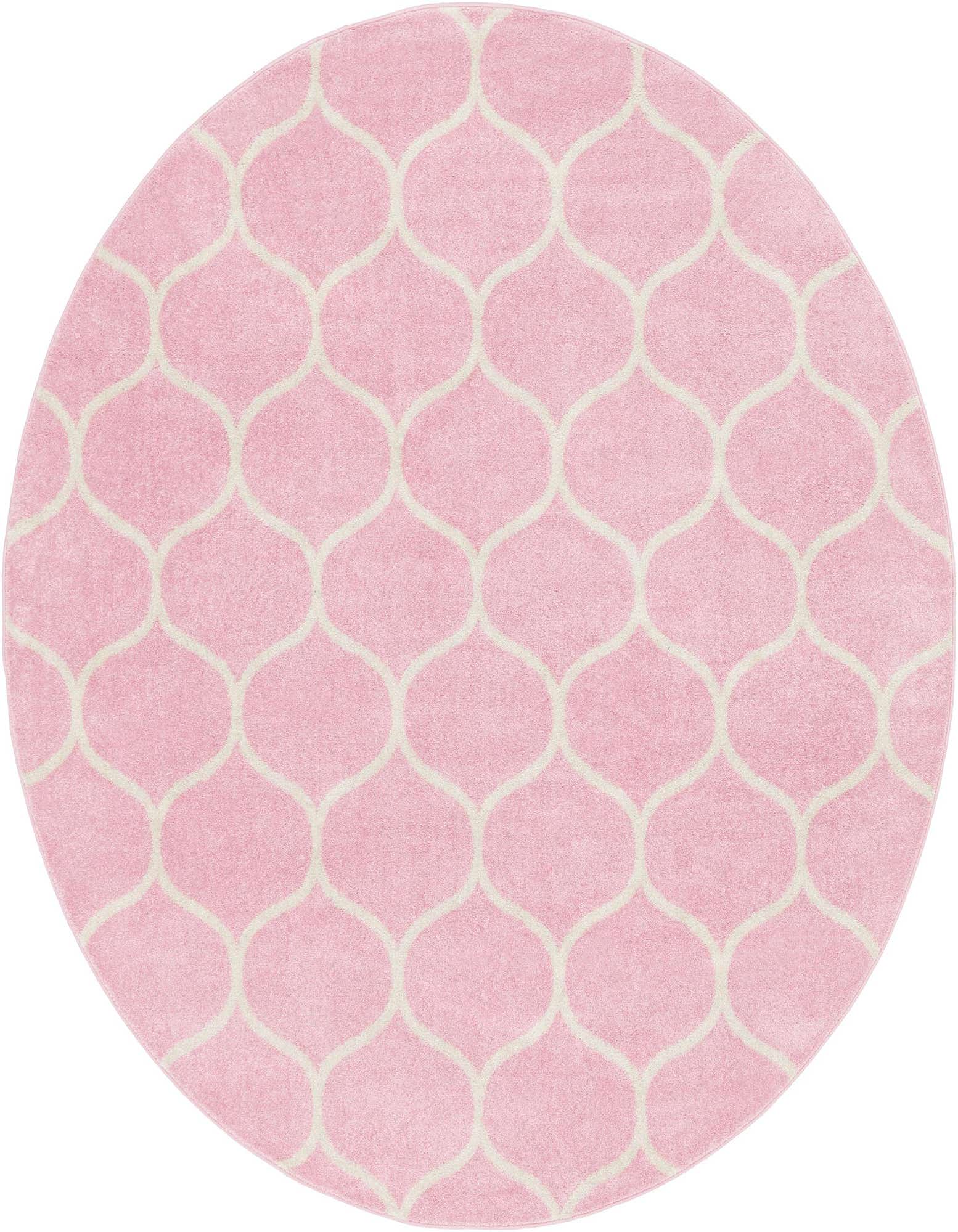A 7' 10 round pink rug with a modern off-white trellis pattern, suitable for indoor spaces.