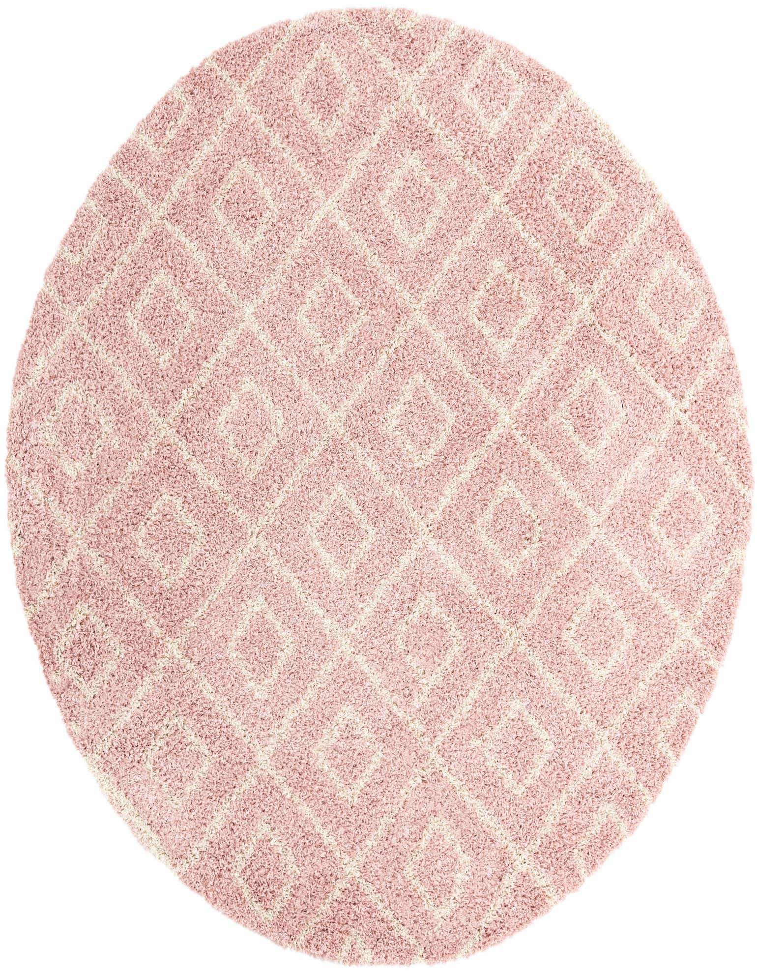 A 7' 10 round pink modern area rug with a textured high/low pile and a light geometric lattice pattern.