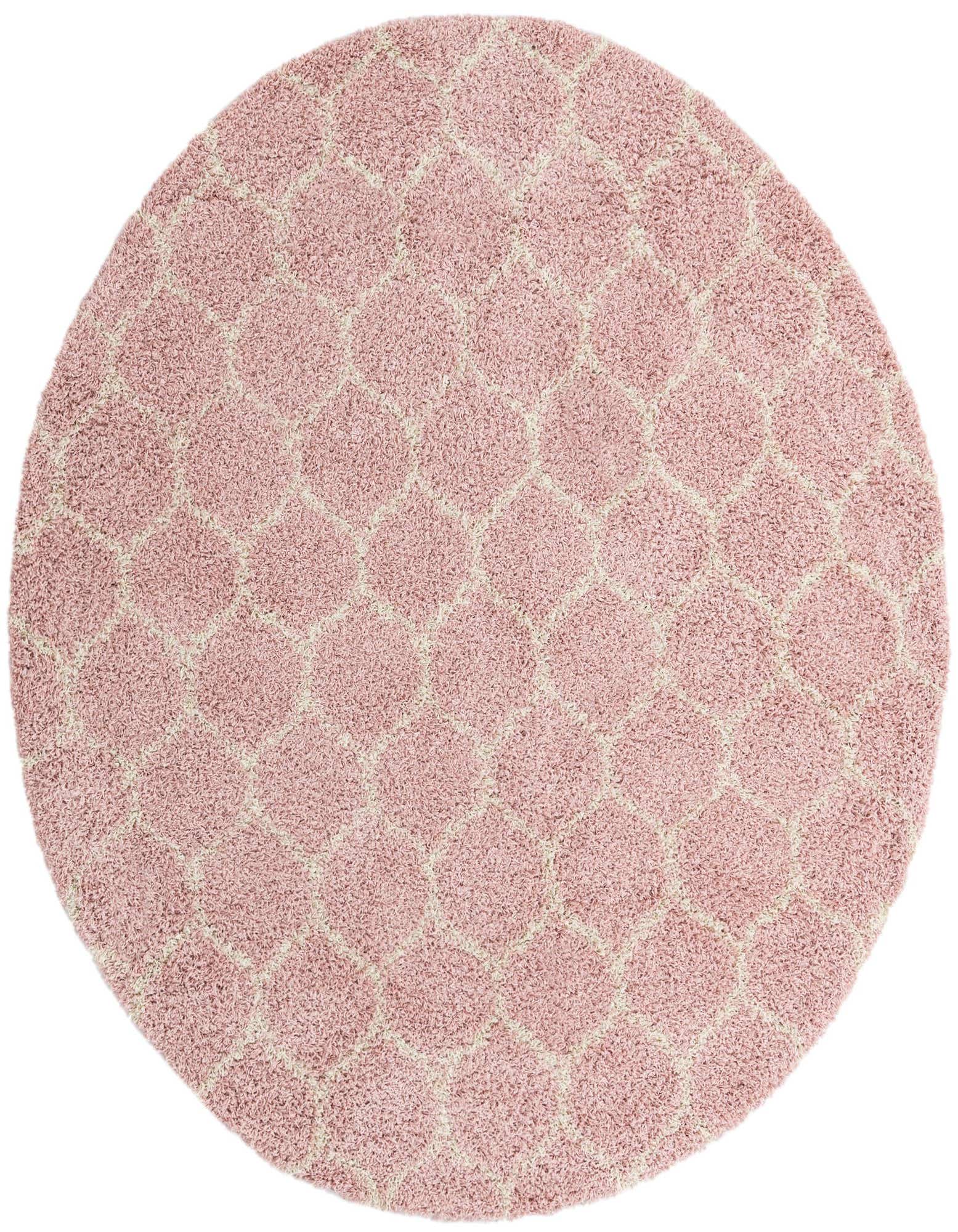A 10' round pink shag rug with a subtle cream modern lattice pattern, ideal for a cozy indoor space.