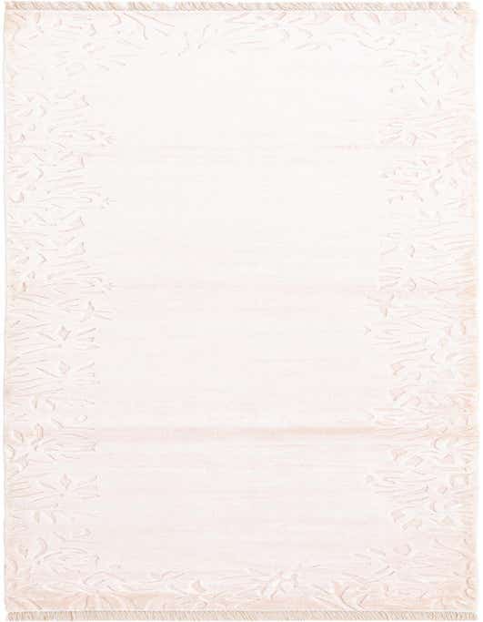 A 10 ft runner rug in soft pinks with a modern oriental floral pattern along the edges, perfect for a hallway.