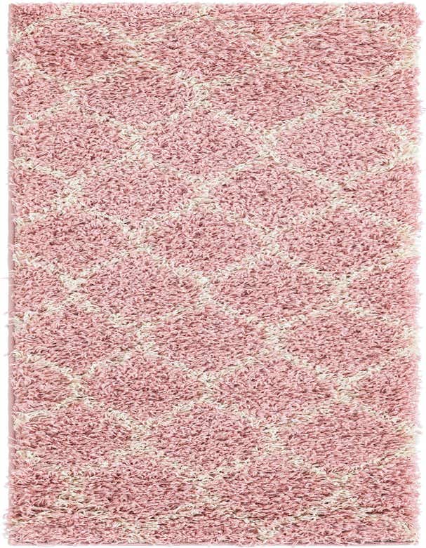 A soft pink and cream 7 ft runner rug with a modern trellis pattern and high/low textured pile.