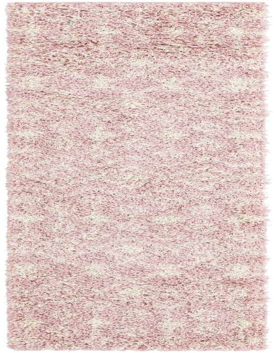 A soft pink and white shag runner rug with a tribal pattern, ideal for a hallway or indoor space.