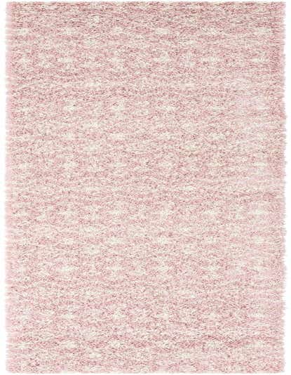 A long 16 ft runner rug in shades of pink and cream with a soft, textured shag pile, perfect for a hallway.