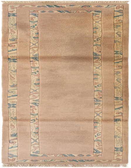 A long, pink 11 ft wool runner rug with a modern abstract border in blue, beige, and red, perfect for a hallway.