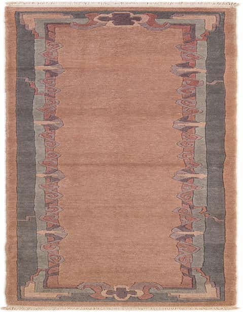 A handmade 11 ft wool runner rug in shades of pink, grey, and purple, featuring a modern abstract border pattern, ideal for a hallway.