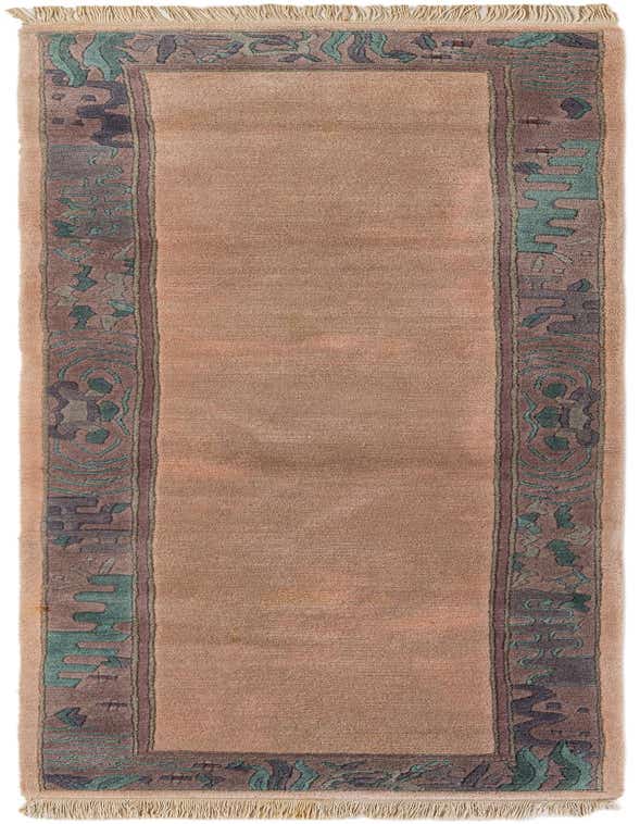 A 10 ft pink wool runner rug with a modern oriental border in shades of teal, purple, and brown, perfect for a hallway.