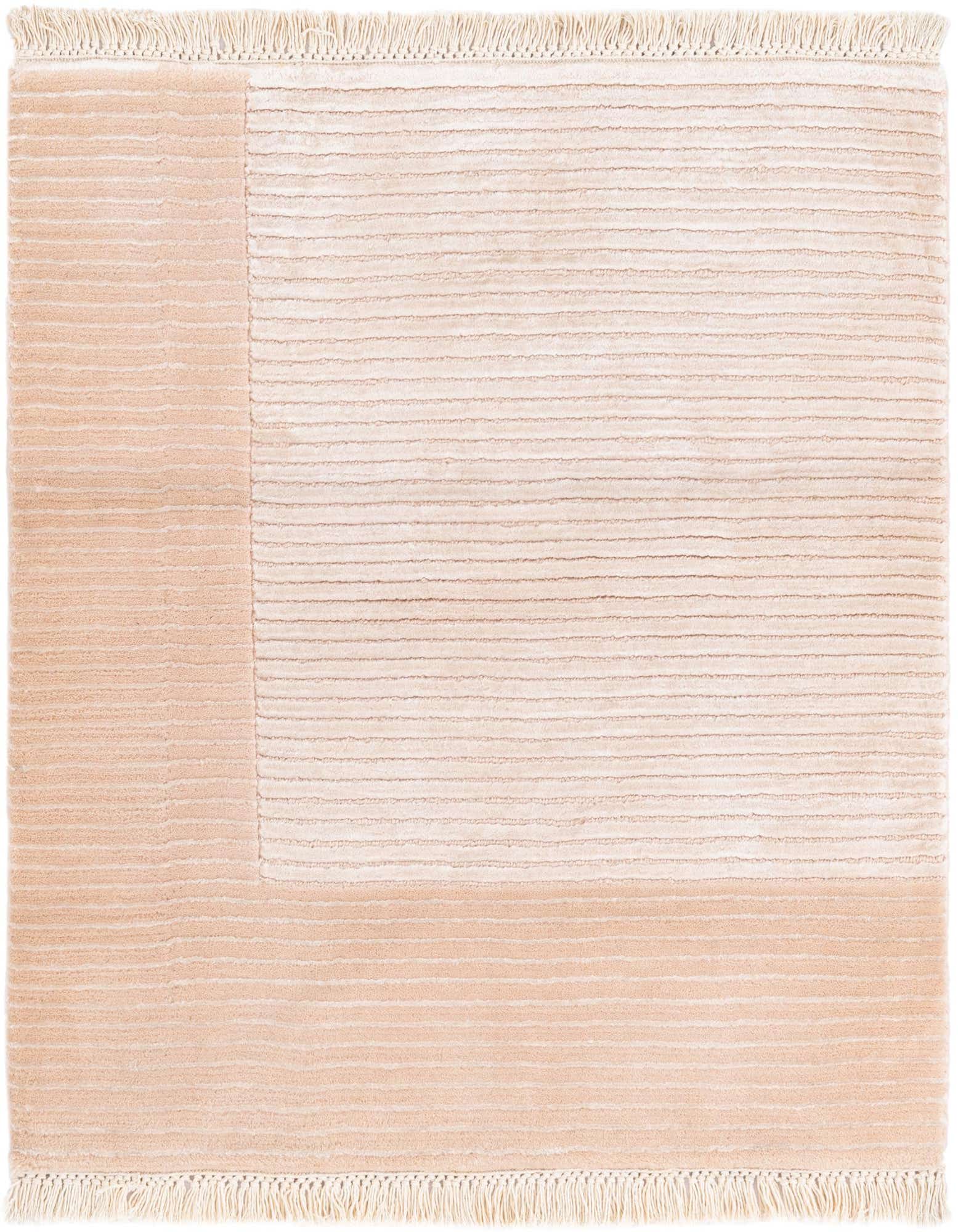 A square 2' 6 x 2' 6 pink modern wool rug with a subtle striped pattern and fringe.