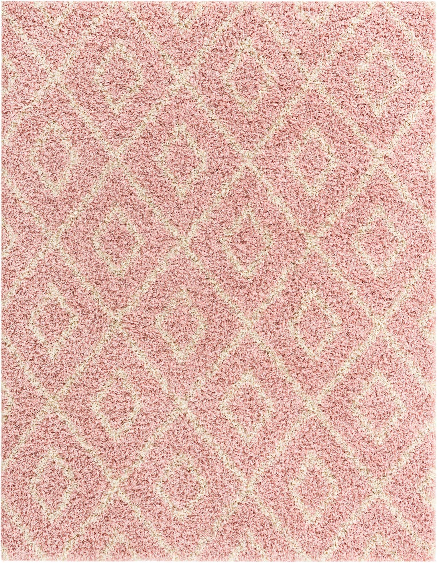 A square pink shag rug with a cream-colored modern lattice pattern, showcasing its high/low textured pile.