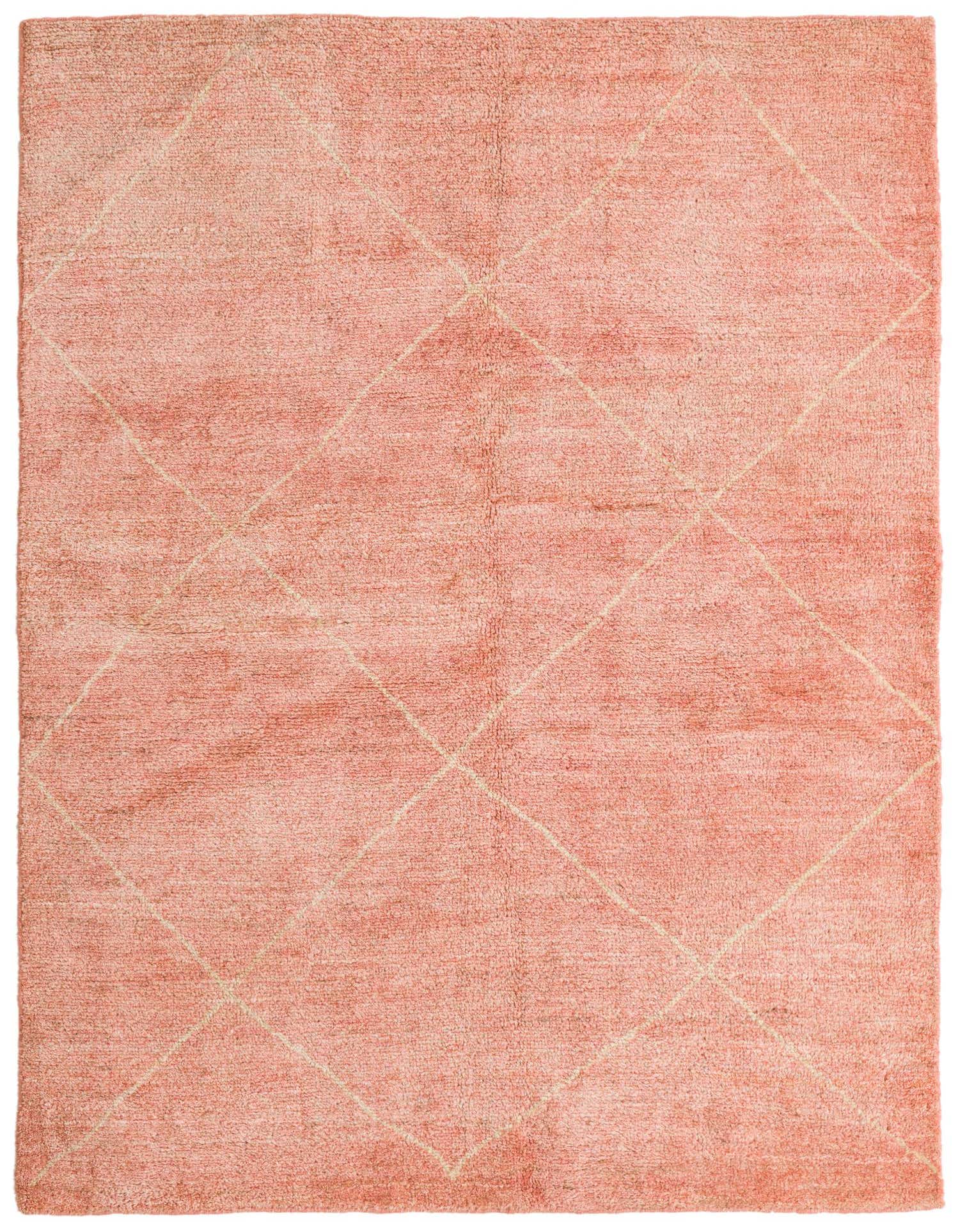 A 5' 6 x 6' 7 square pink shag rug with a subtle cream diamond pattern, suitable for a modern living room.