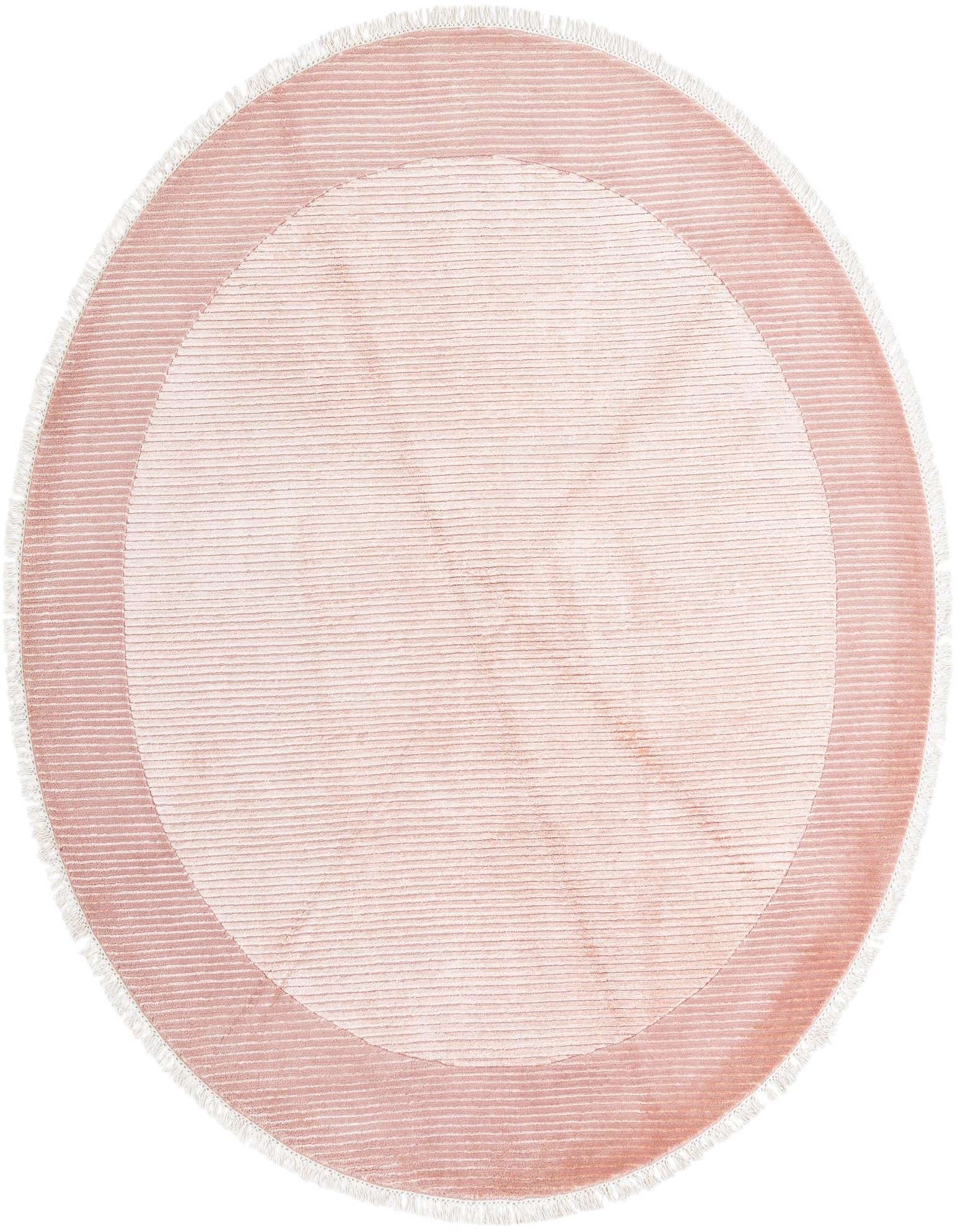 A 6' 8 x 6' 8 round Darya rug in shades of orange and pink with a modern oriental pattern and fringed edges.