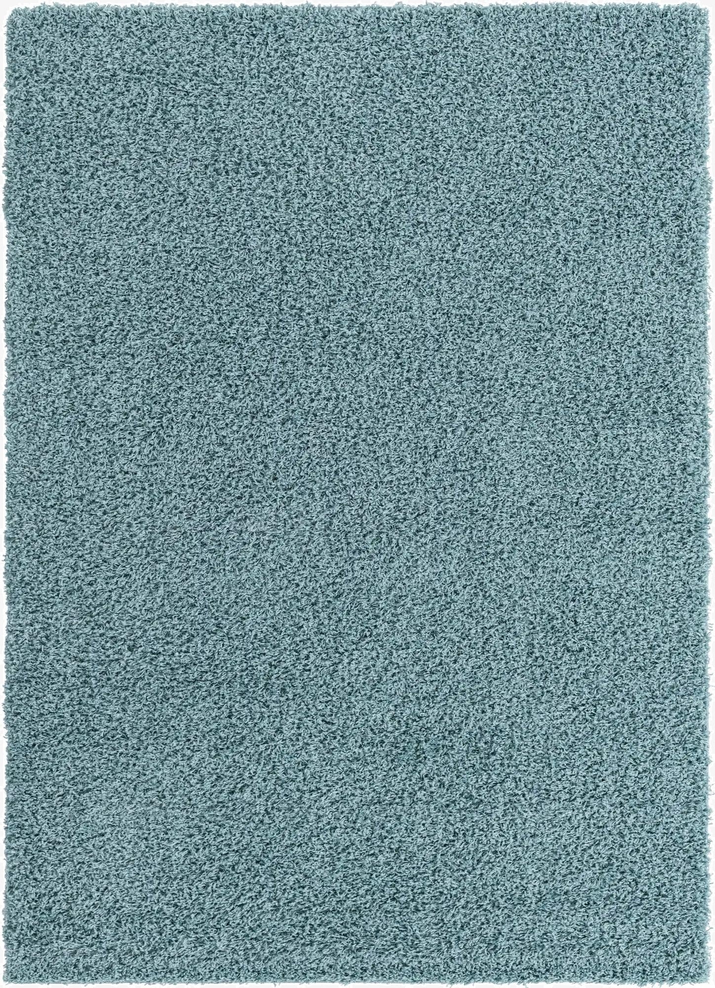 A large 8x11 rectangular blue shag rug with a textured, plush pile, perfect for a living room or bedroom.