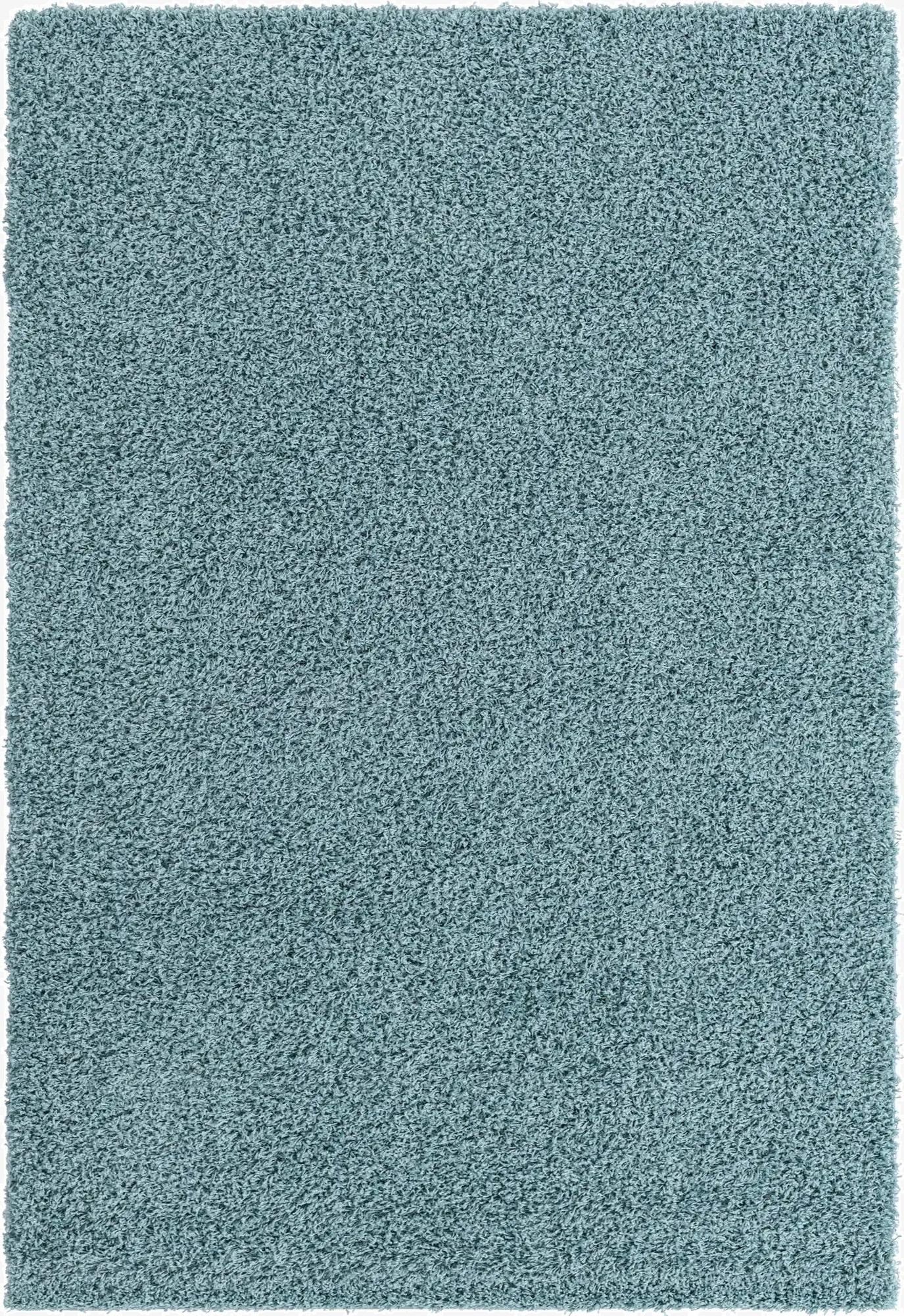 A 4x6 rectangular blue shag area rug, made of polypropylene, providing a soft, textured surface.