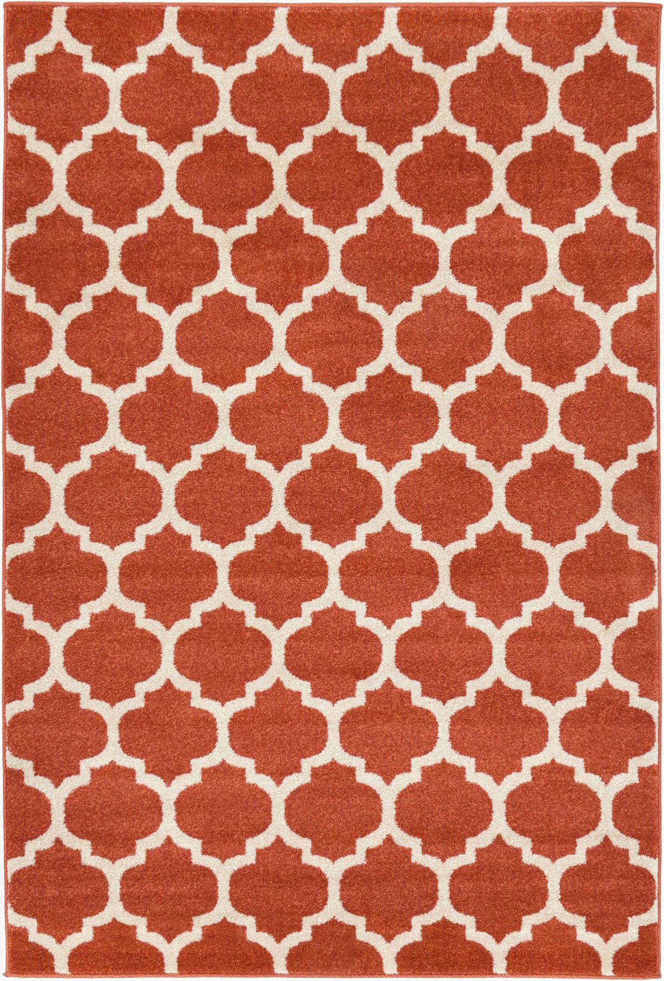 A 4x6 rectangular orange and ivory modern trellis rug with a medium pile, perfect for a living room.