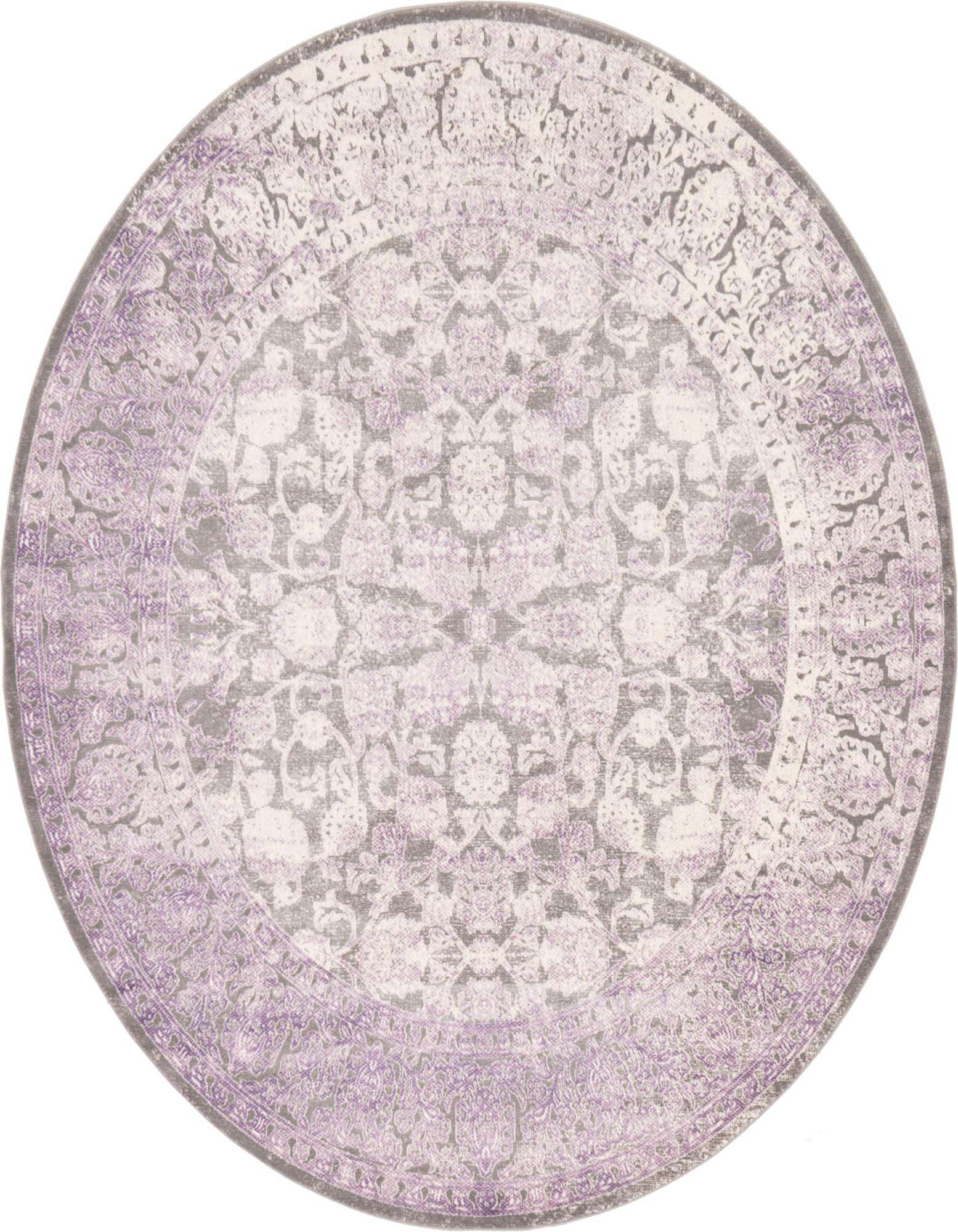A round 8' pink and purple medallion area rug with a distressed traditional pattern, ideal for an indoor living space.