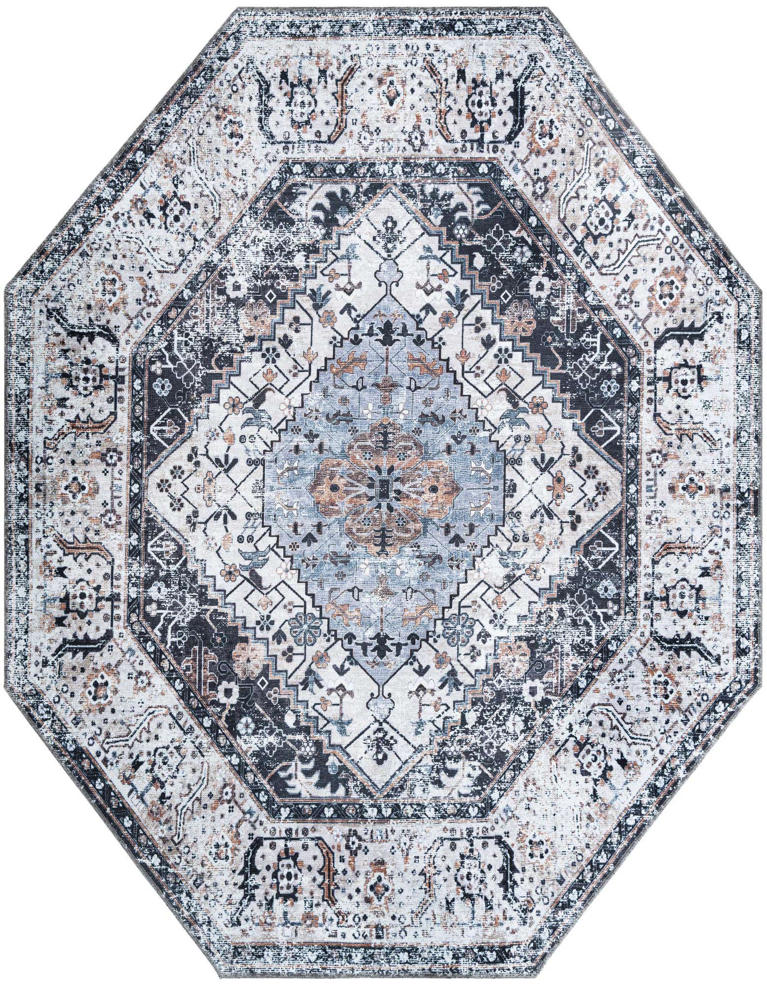 Octagon-shaped area rug featuring a distressed tribal medallion pattern in black, ivory, gray, and white tones.