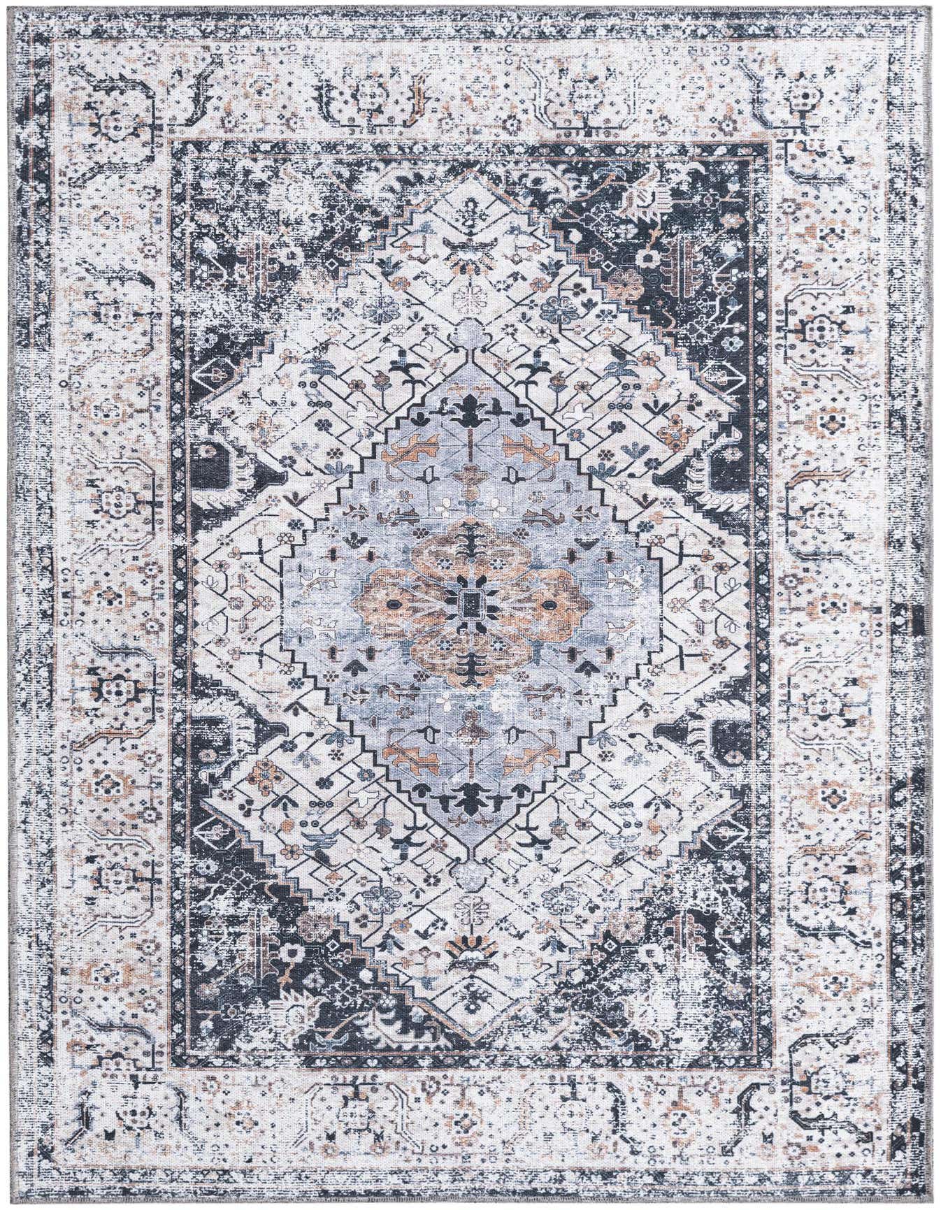 A 4x6 rectangular Rugs.com Yara rug featuring a distressed tribal medallion pattern in black, ivory, cream, gray, and white.