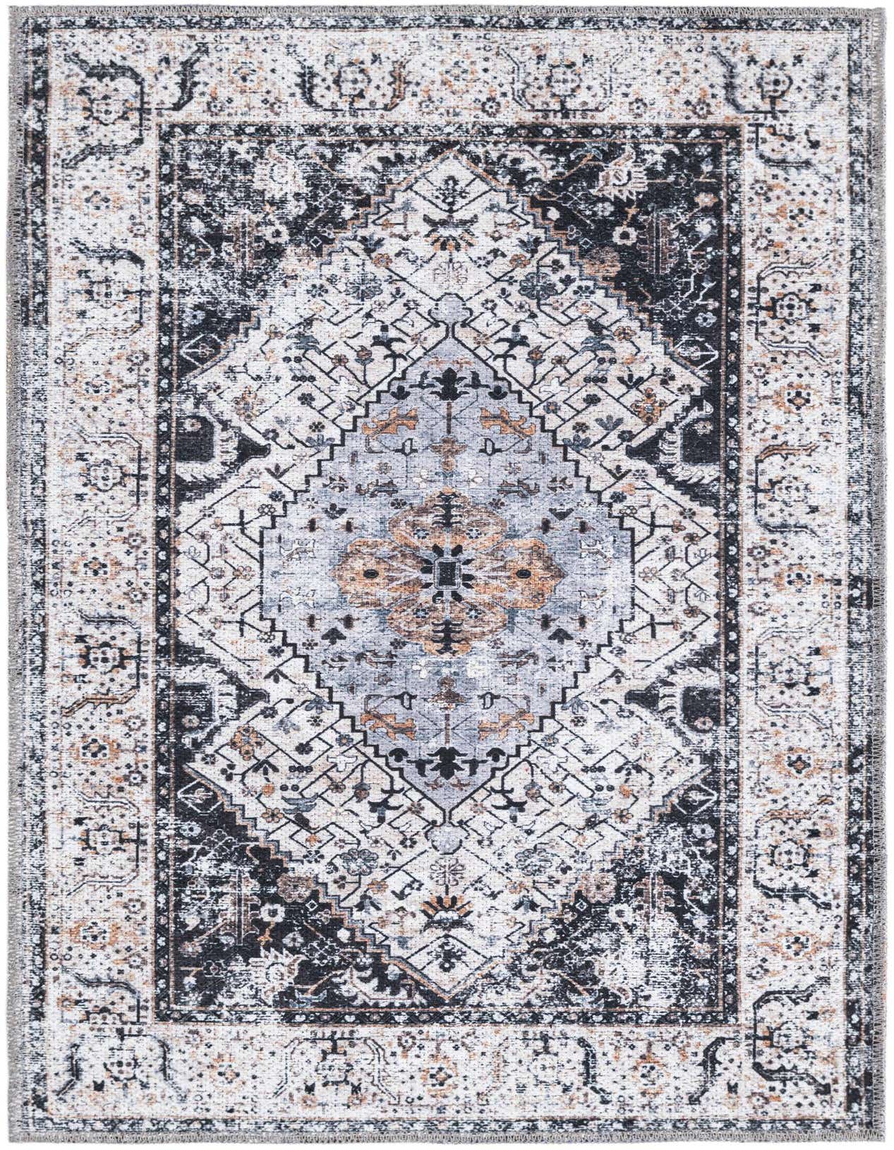 A 2x3 rectangular Rugs.com Yara rug featuring a distressed tribal medallion pattern in black, ivory, cream, gray, and silver tones.