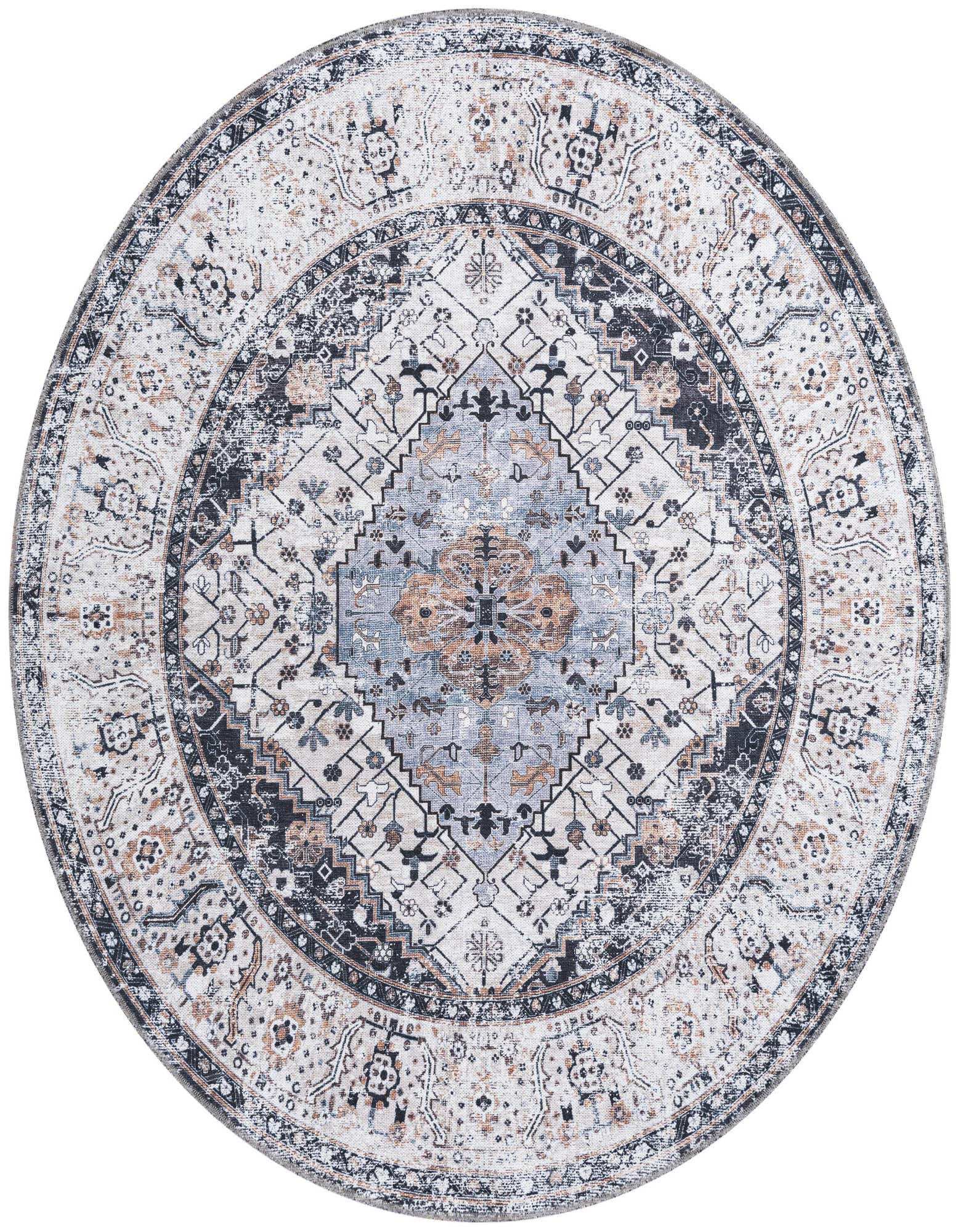 A round 6' 0 x 6' 0 Rugs.com Yara rug featuring a distressed tribal medallion pattern in black, ivory, and gray.
