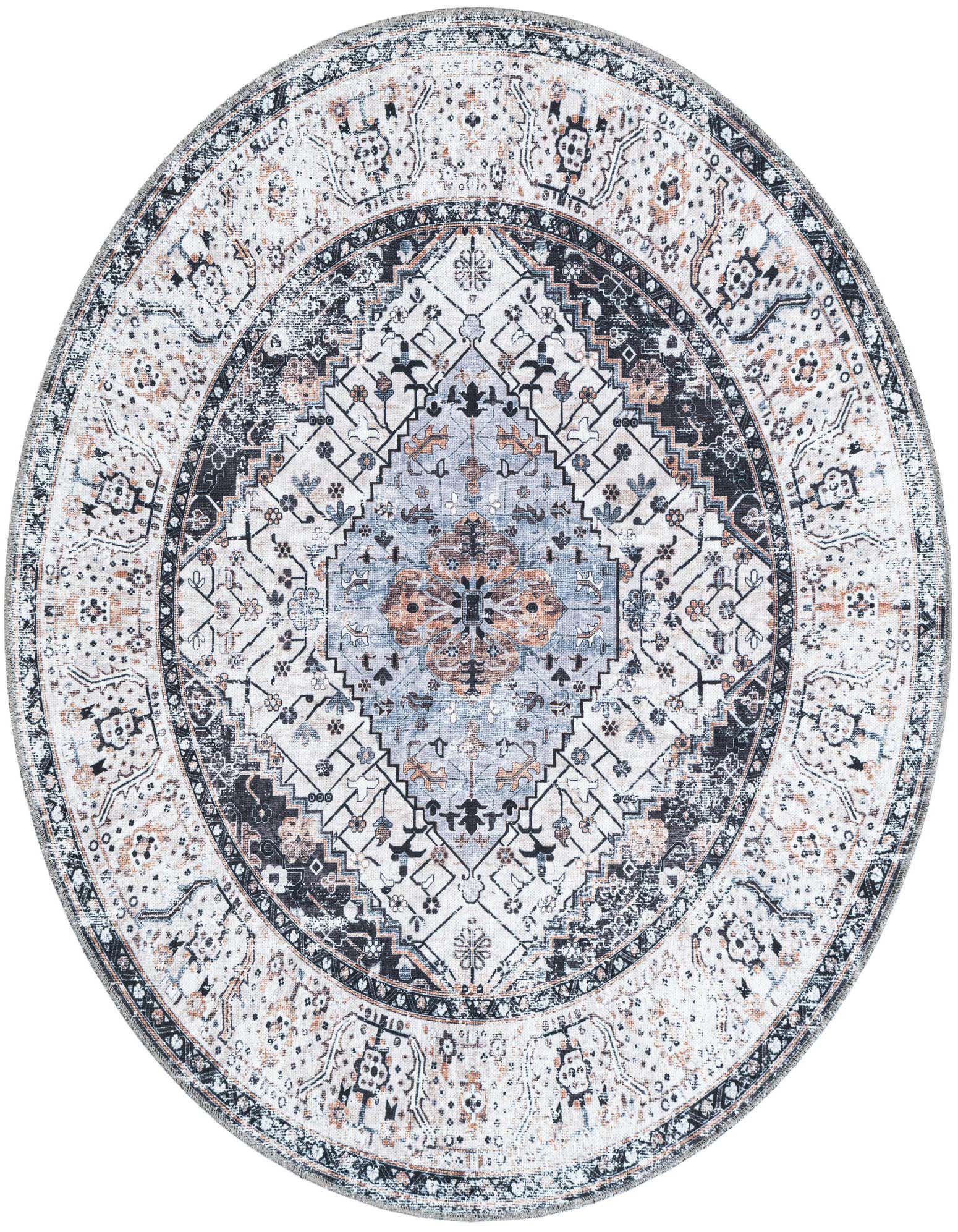 A round 5' 3 x 5' 3 Rugs.com Yara rug featuring a distressed tribal medallion pattern in black, ivory, cream, gray, and silver.