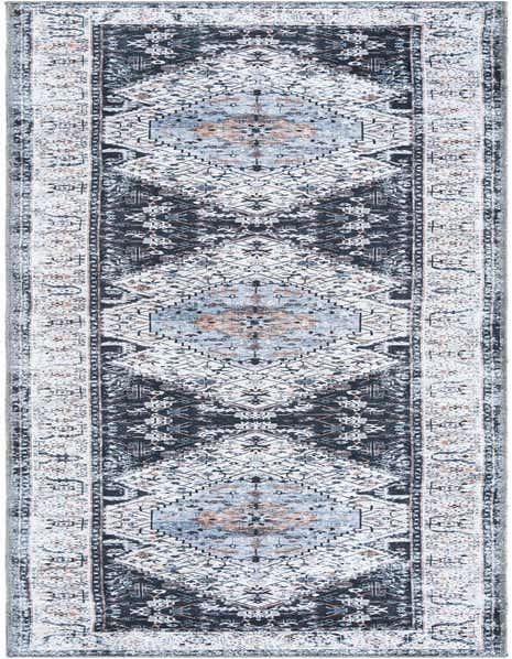 A 12 ft runner rug with a distressed tribal medallion pattern in black, ivory, and gray, ideal for a hallway.