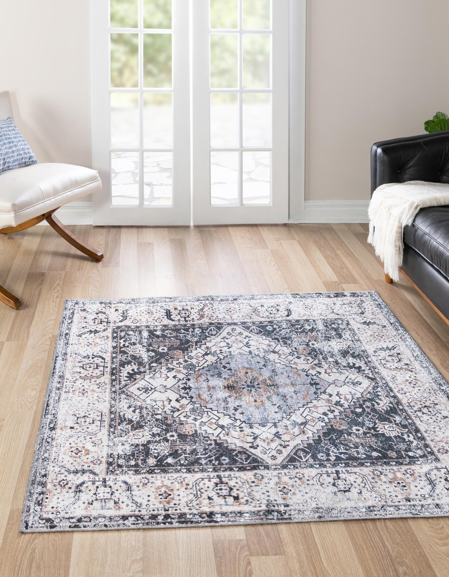 Linen Charcoal 5' x 5' Washable Yara Square Rug | Rugs.com