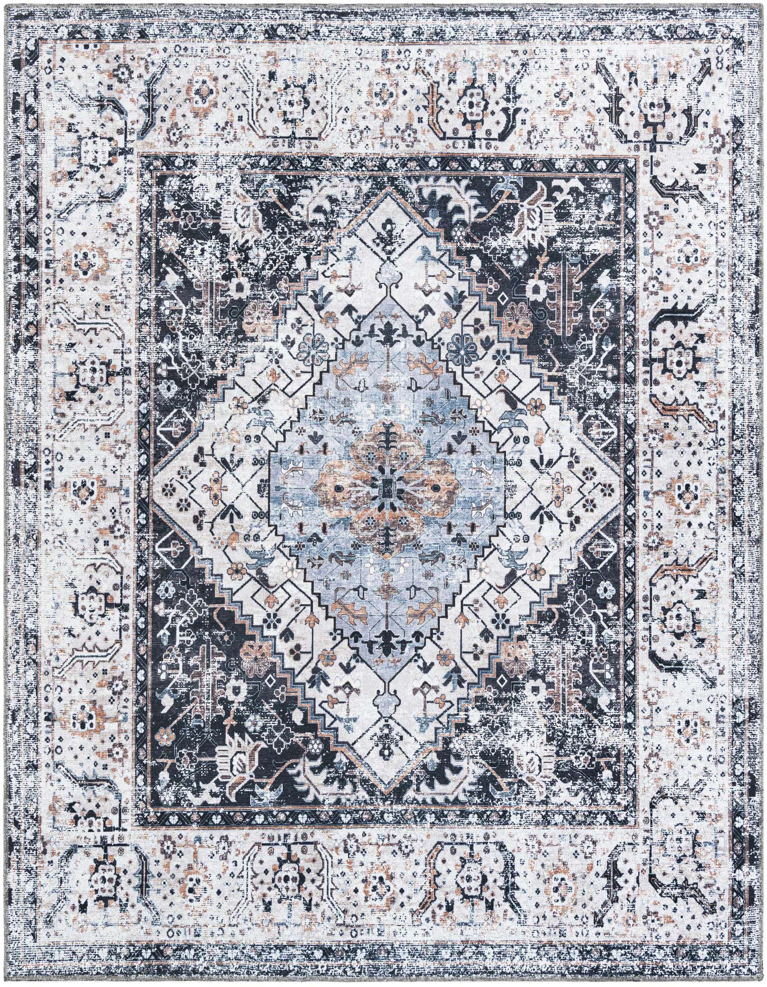 A square Rugs.com Yara rug featuring a distressed tribal medallion pattern in black, ivory, and gray.