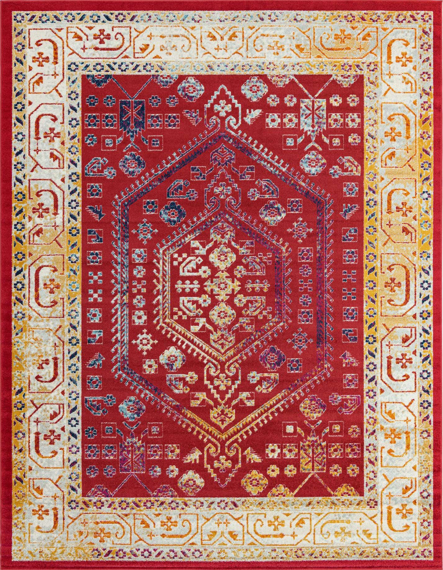 A 10x14 rectangular pink and red traditional area rug with a central medallion and tribal patterns, featuring a cream and yellow border.