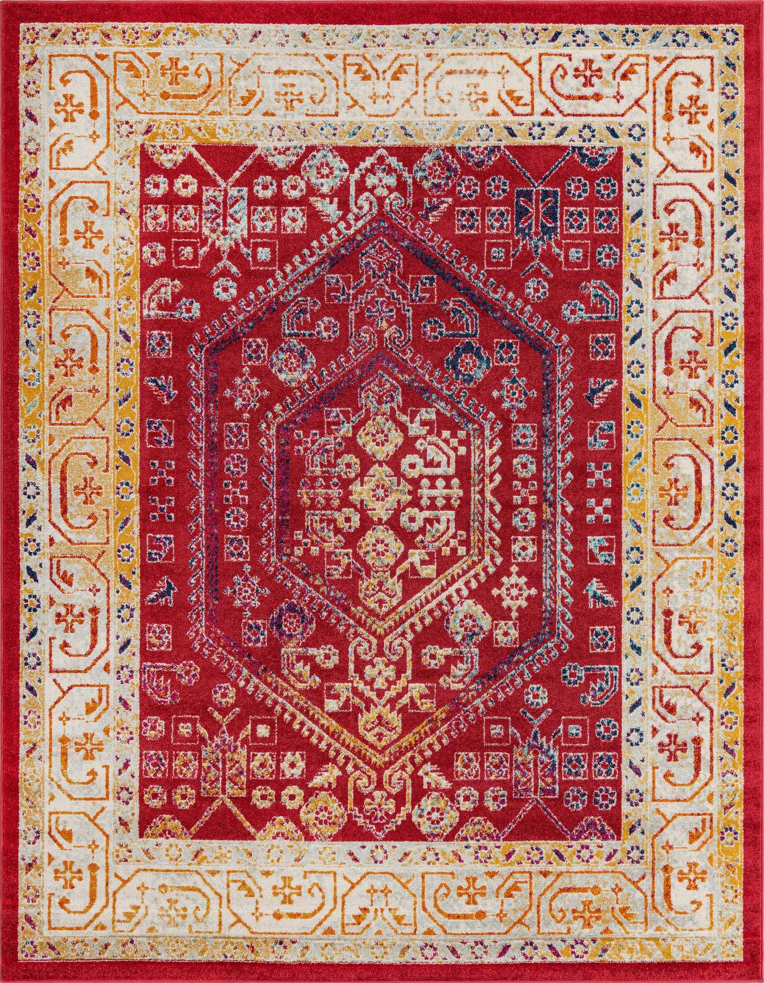 Aurelia 8x10 rectangular rug featuring a vibrant red and pink tribal medallion pattern with cream and gold accents.
