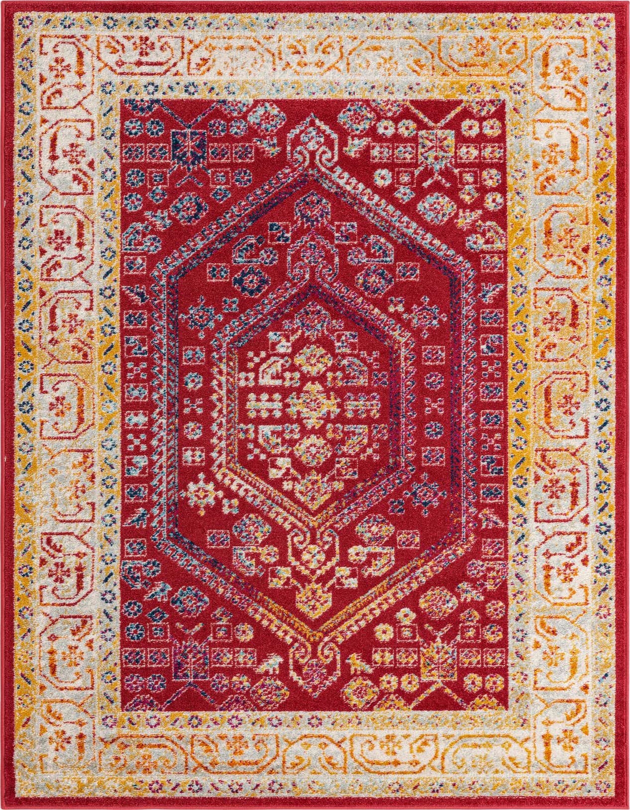 A 5x8 rectangular Aurelia rug with a vibrant red and pink traditional medallion pattern, bordered by intricate tribal designs in yellow and off-white.