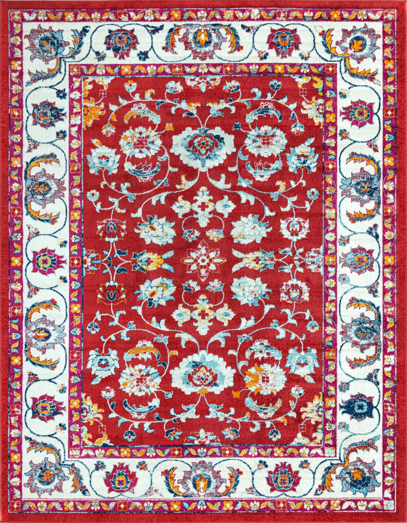A 10x14 rectangular Aurelia rug with a vibrant red field and intricate floral patterns in light blue, white, and pink, framed by a white border with matching motifs.
