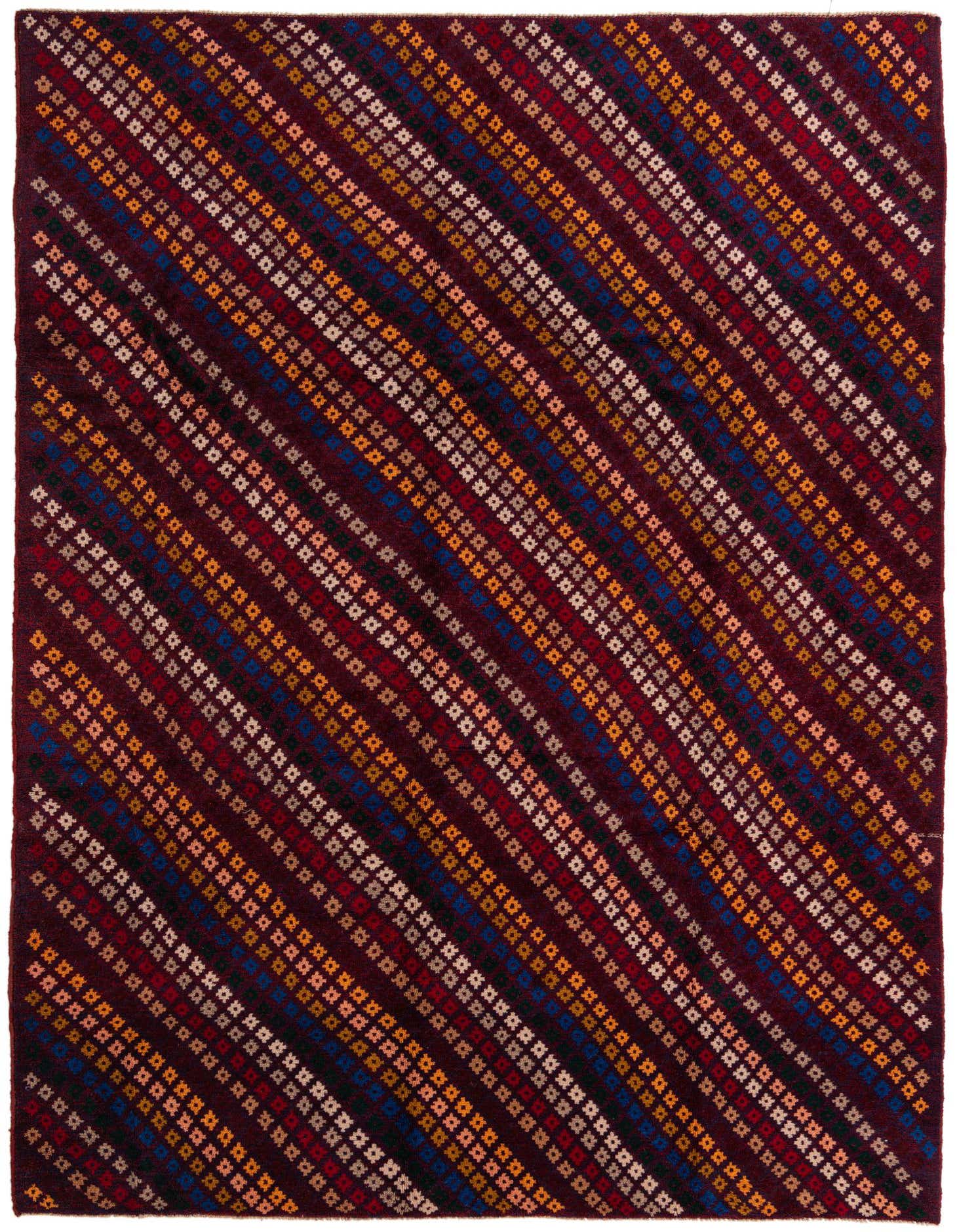 A 7x10 rectangular Balouch rug with a tribal abstract pattern featuring diagonal stripes of small pink, red, orange, and blue squares on a dark background.