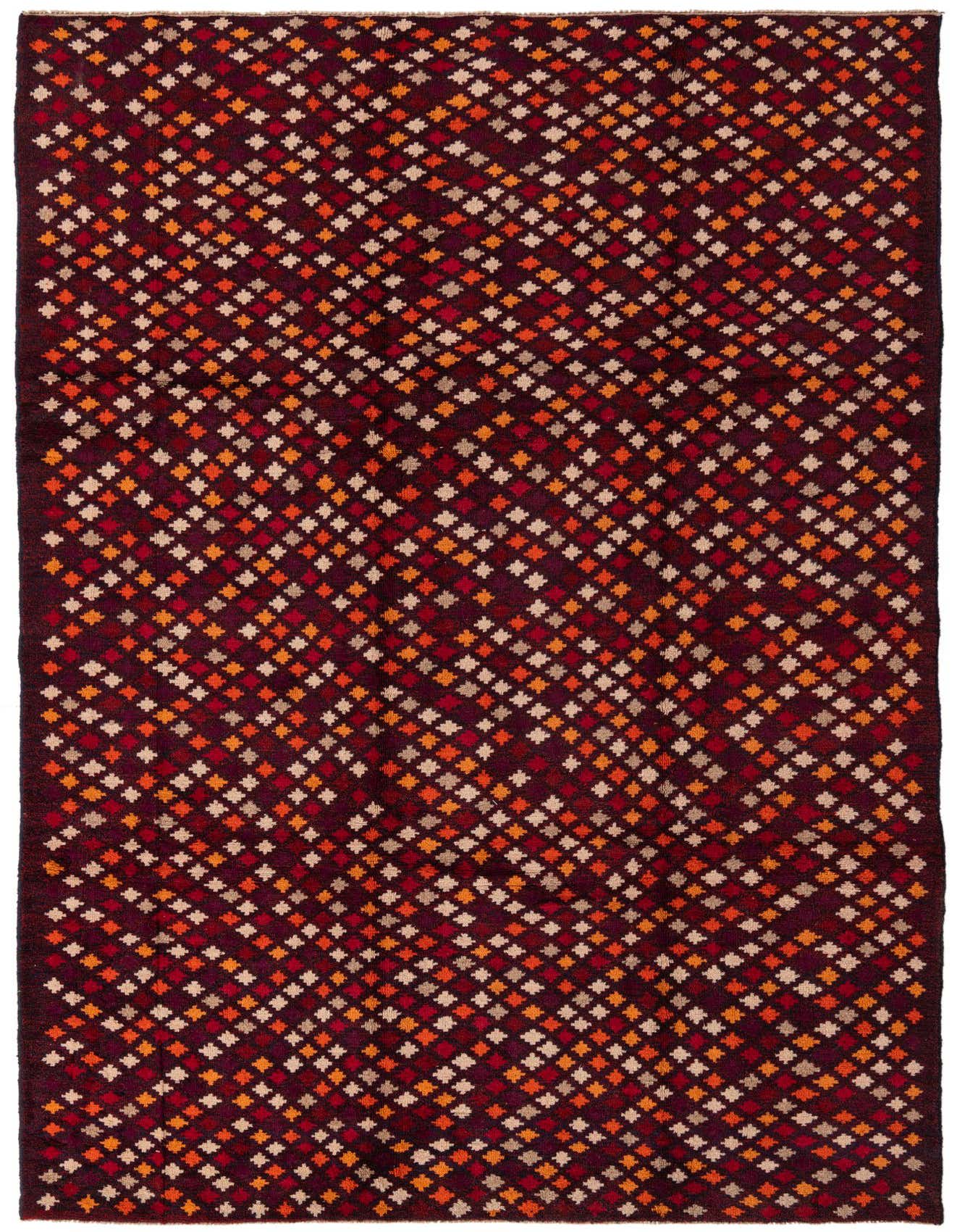 A 7x10 rectangular Balouch rug with a dark pink background and a tribal abstract pattern of small red, orange, and cream diamond shapes.