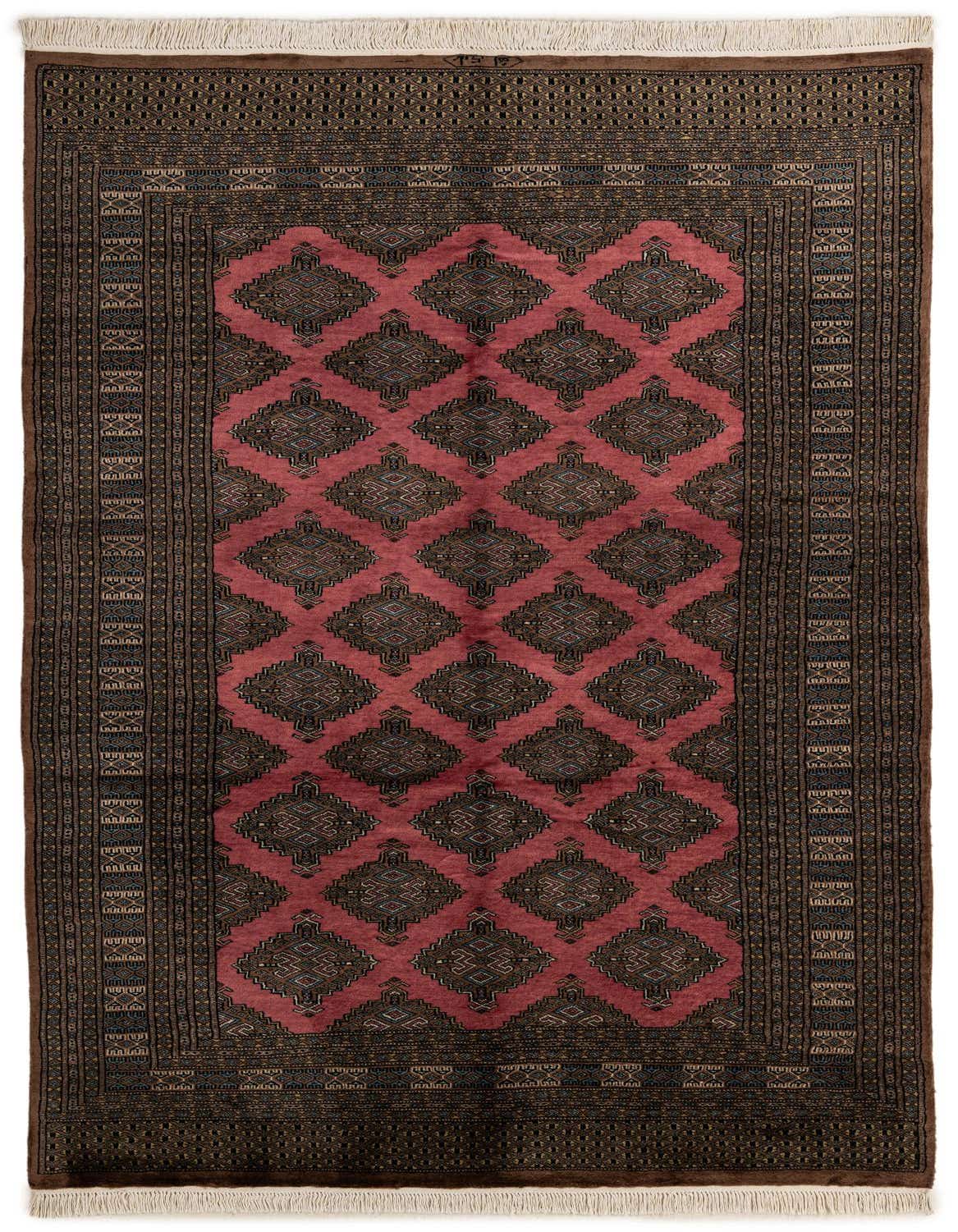 A 5x8 rectangular Bokhara wool rug in shades of pink and red with a traditional tribal diamond pattern, featuring a dark brown border.