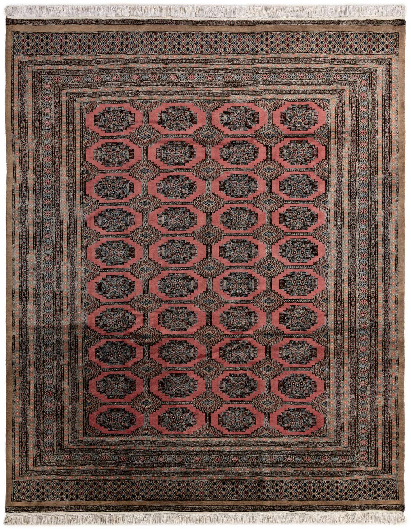 An 8x10 rectangular Bokhara rug featuring a traditional tribal pattern in shades of pink, red, and brown.