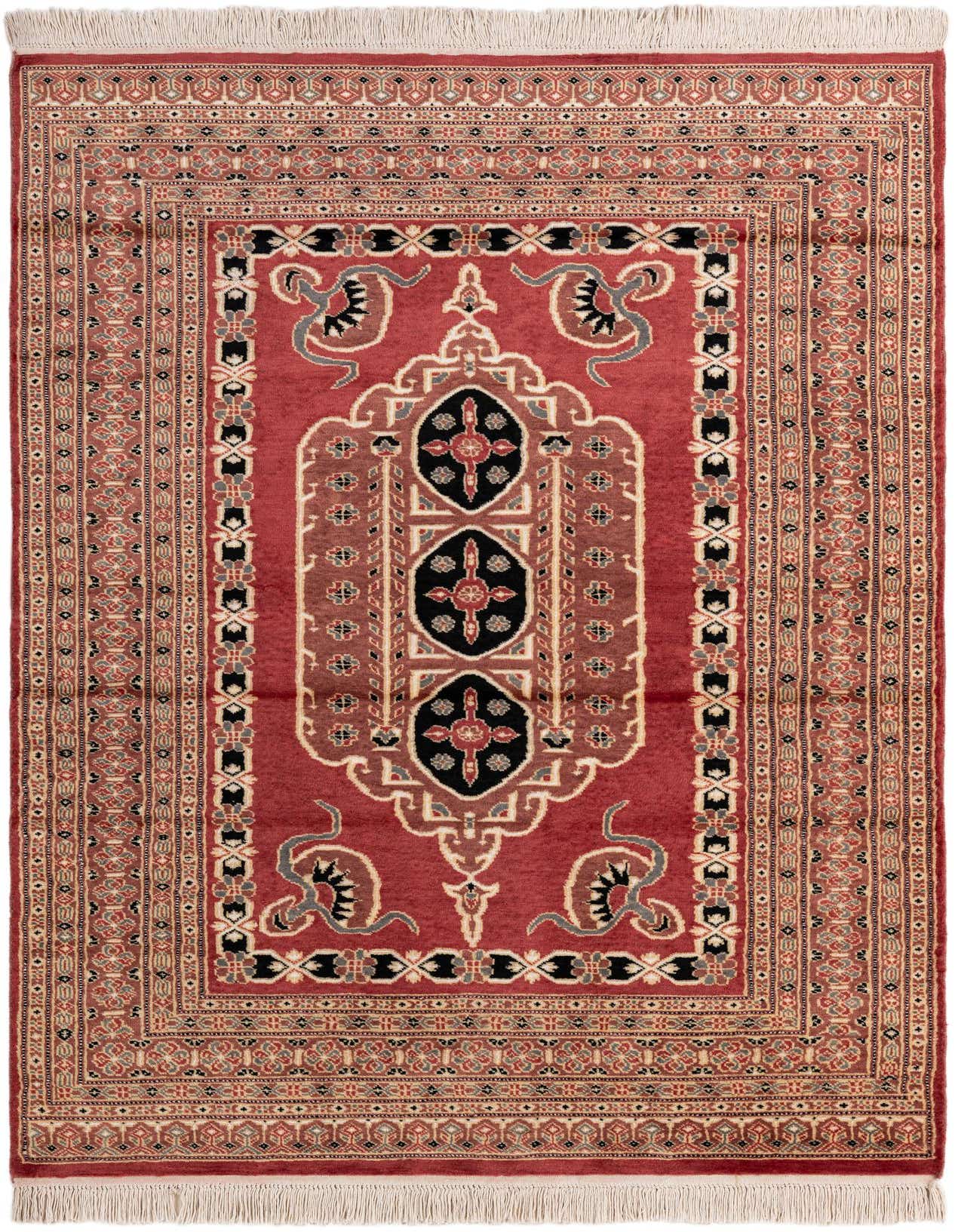 A 4x6 rectangular Bokhara rug in shades of pink and red with a traditional tribal medallion pattern and fringe.