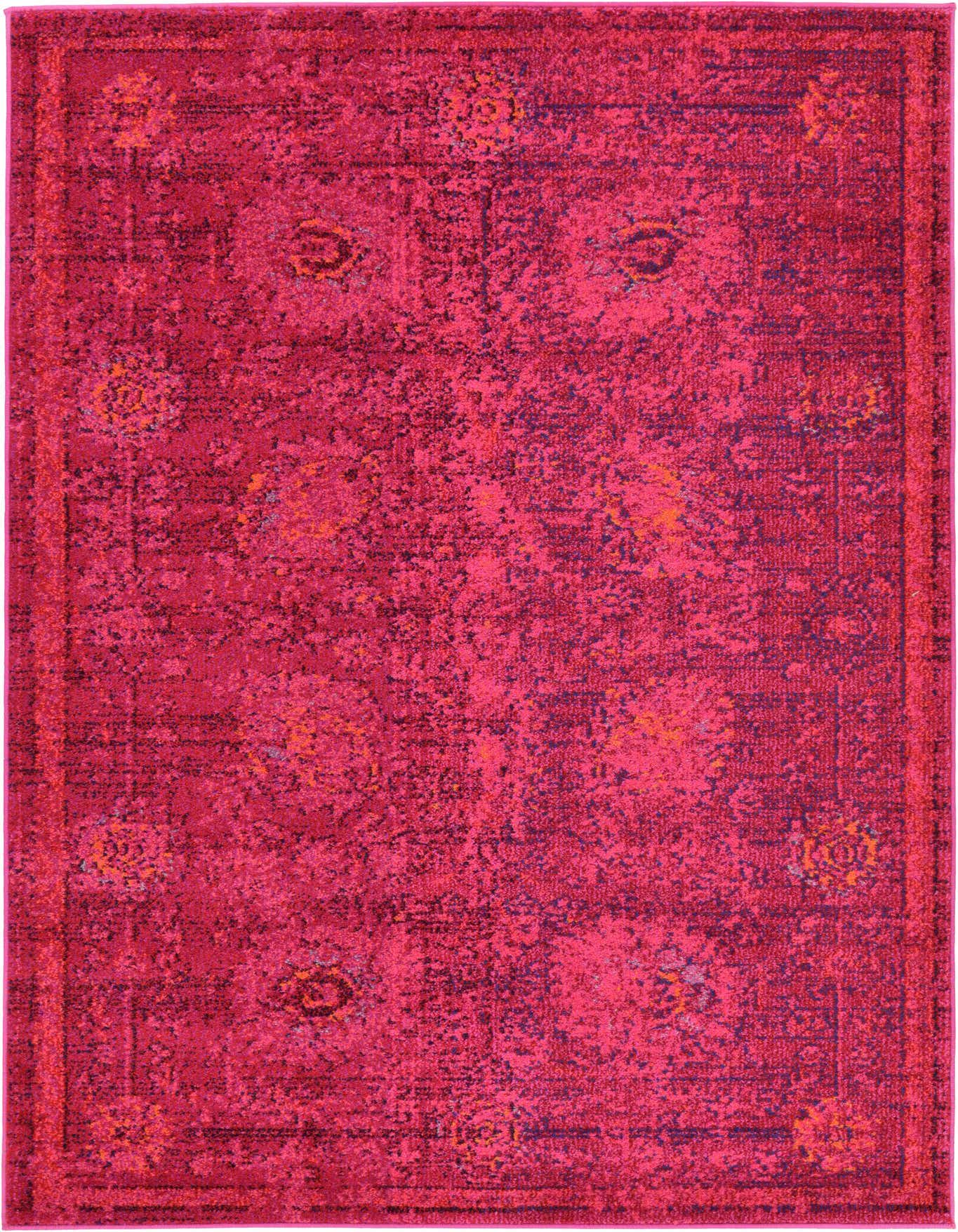 A 4x6 rectangular pink and red bohemian rug with a distressed floral pattern and border, suitable for various indoor rooms.