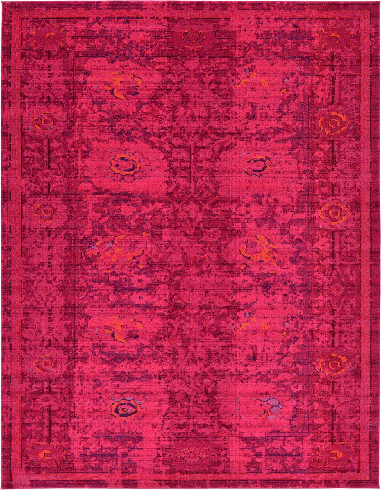 A vibrant rectangular pink and red Bohemian-style rug with a distressed floral pattern and border, suitable for a living room.