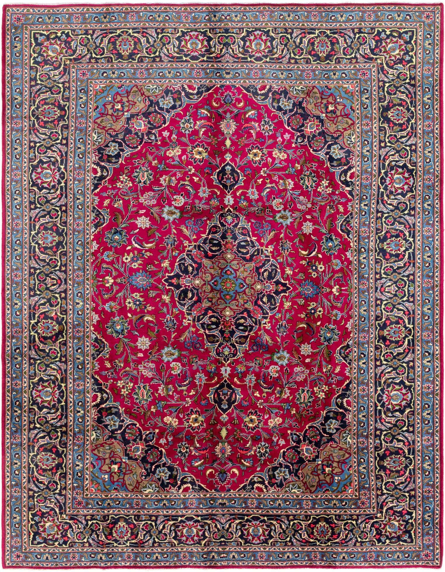 A rectangular 10x12 pink and red Persian wool rug with an intricate botanical medallion pattern and a detailed border.