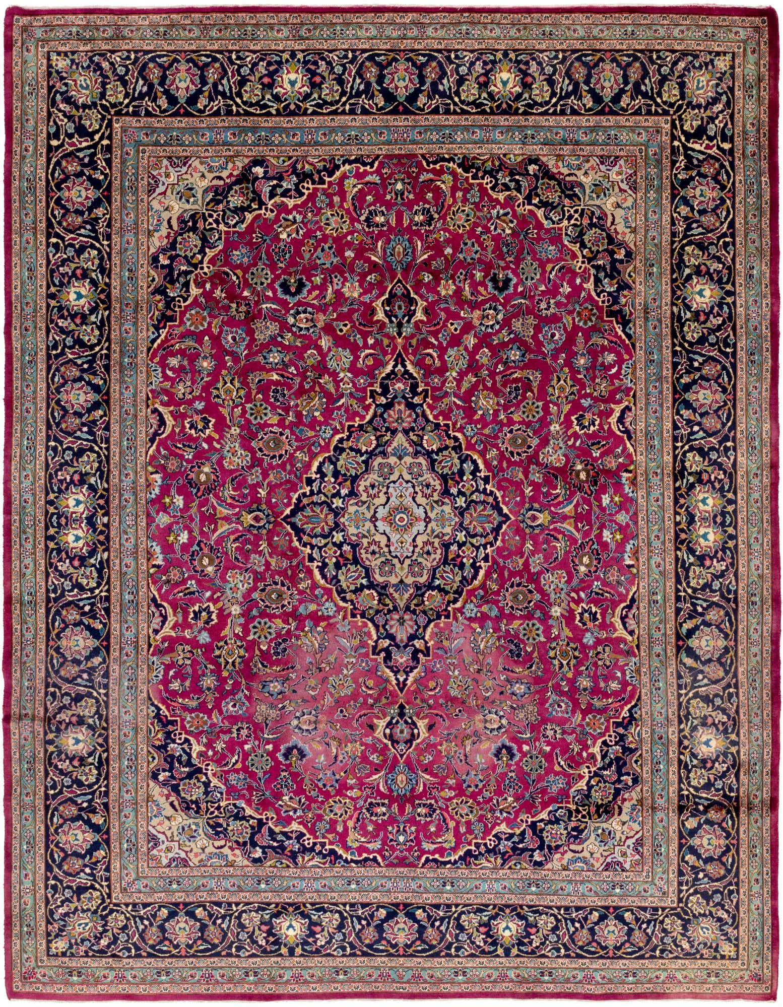 A large 10x13 rectangular Persian rug in shades of pink and red, featuring an intricate traditional botanical medallion pattern and a dark border, suitable for a living room.