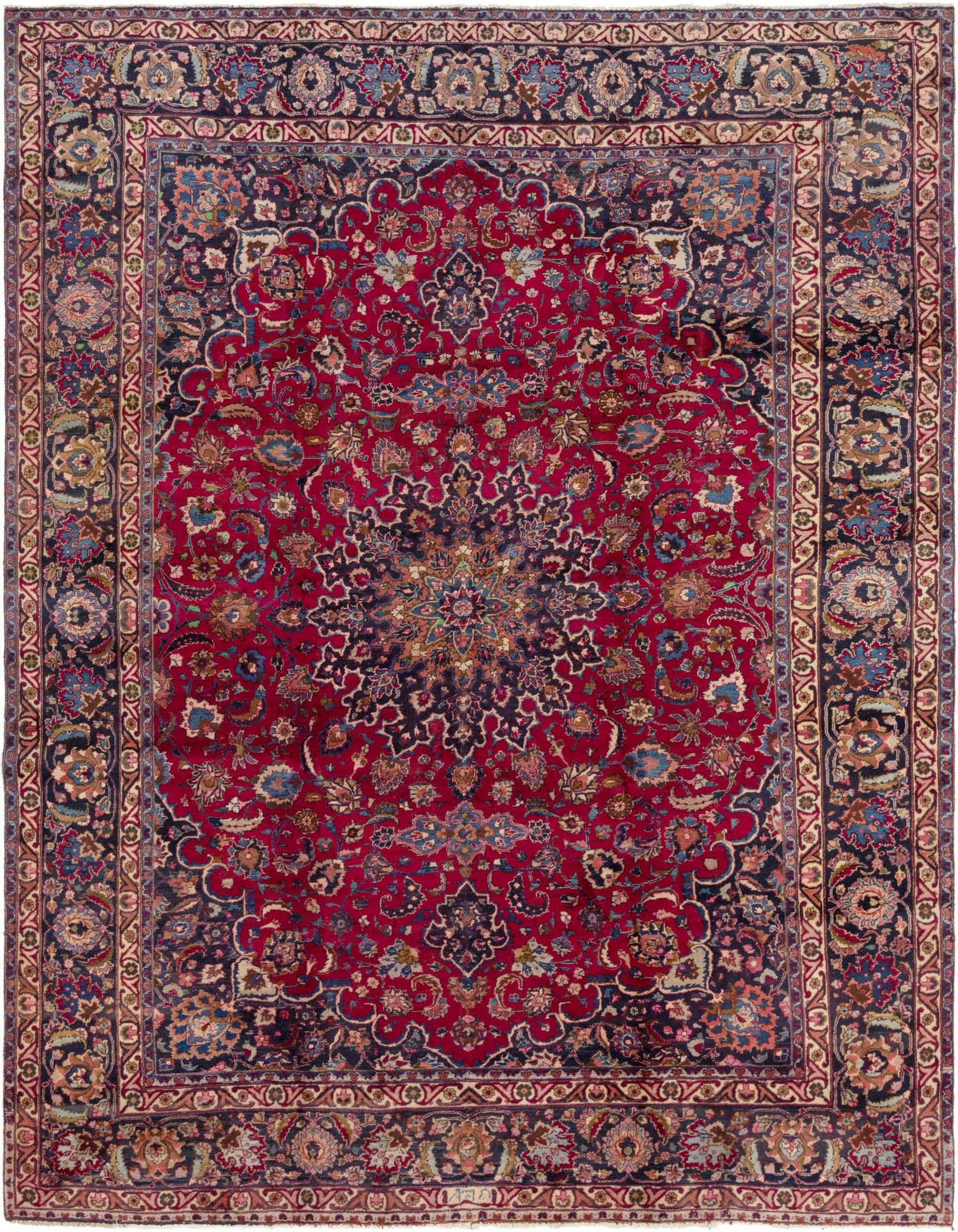 A large 10x13 rectangular Persian rug with a red field, intricate floral patterns, and a central medallion, ideal for a living room.